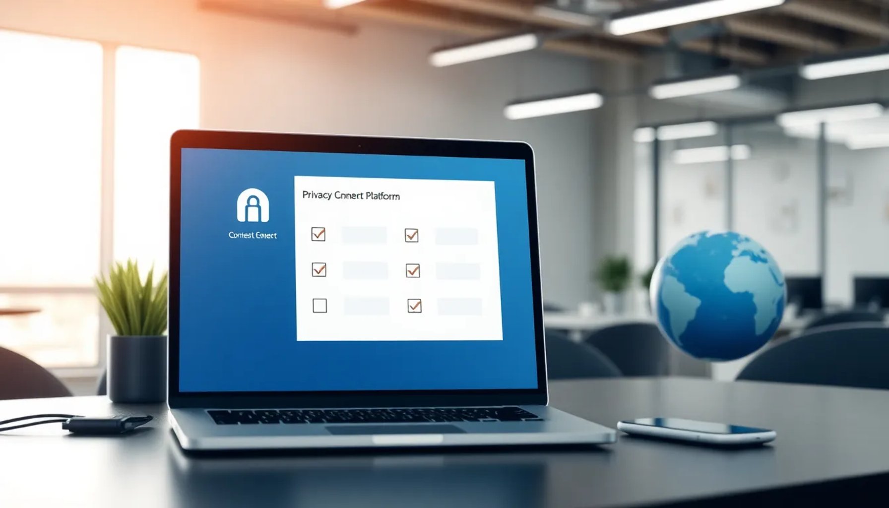 Pantalla de computadora mostrando una interfaz de gestión de consentimiento con iconos de privacidad y casillas de verificación