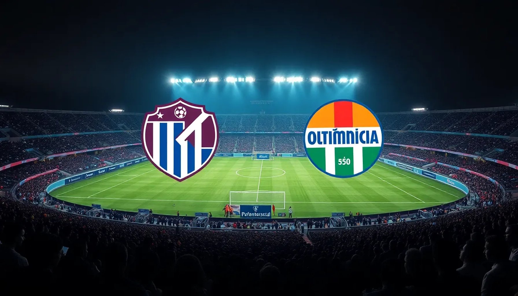 Imagen del estadio Defensores del Chaco iluminado, con los escudos de Olimpia y Nacional superpuestos, representando el partido en vivo