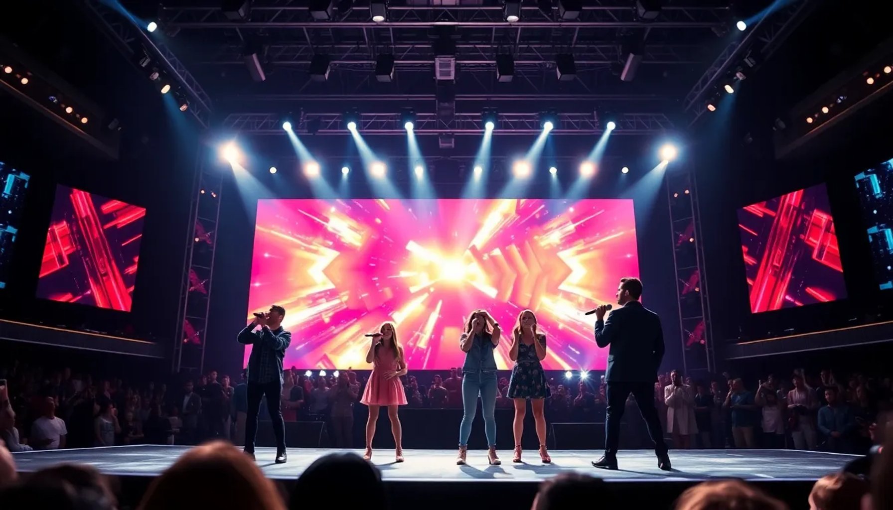 Escena vibrante del escenario de La Voz México con luces brillantes y los cuatro finalistas cantando
