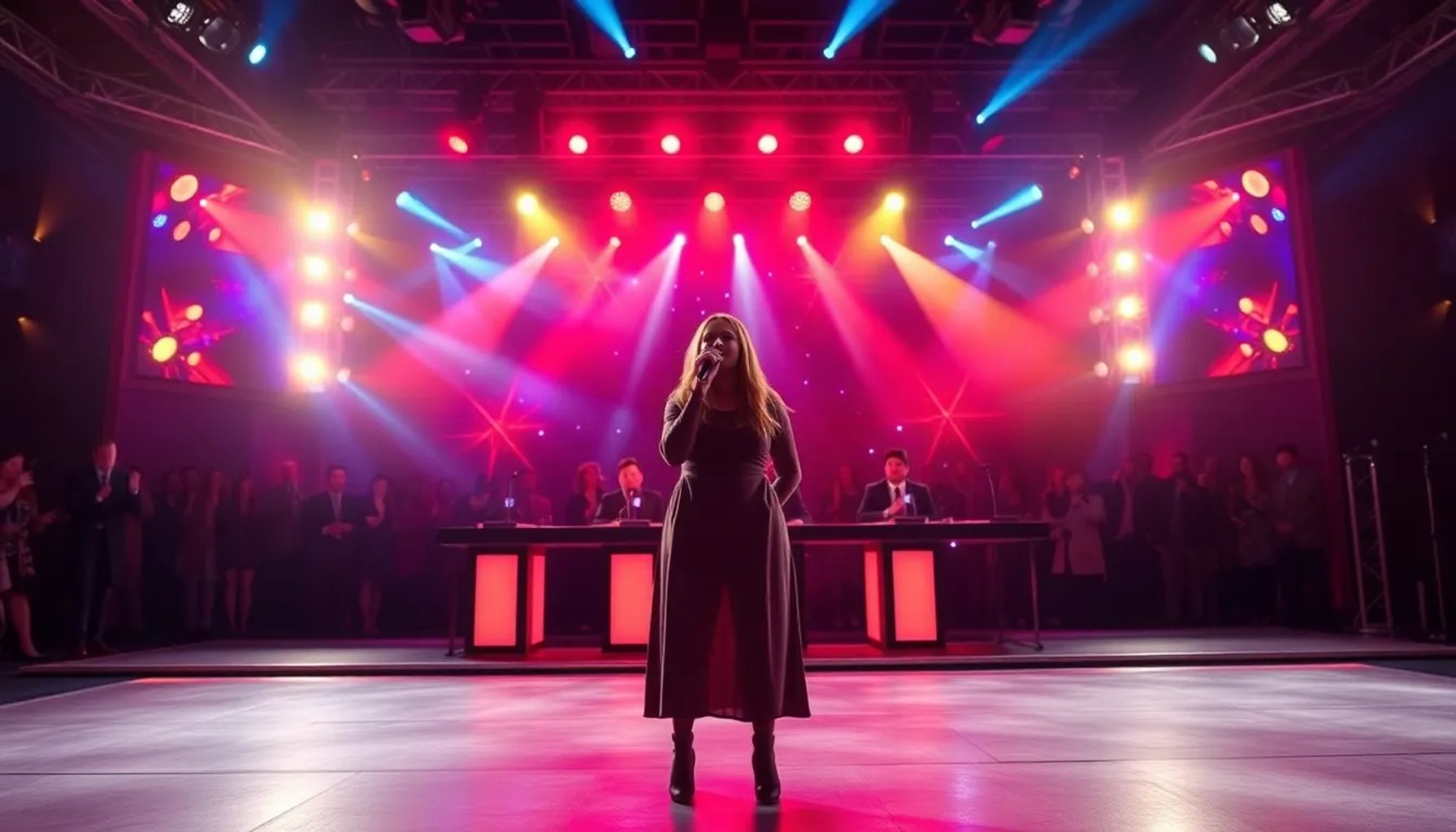 Escena vibrante del escenario de Milenio con luces, artistas y audiencia emocionada durante la transmisión en vivo