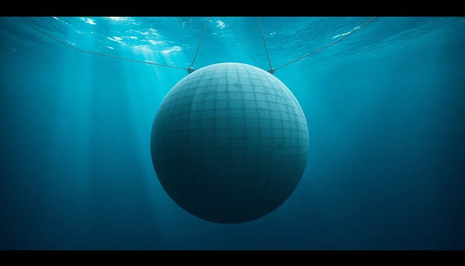 Esfera de hormigón siendo hundida en el océano profundo para almacenar energía renovable