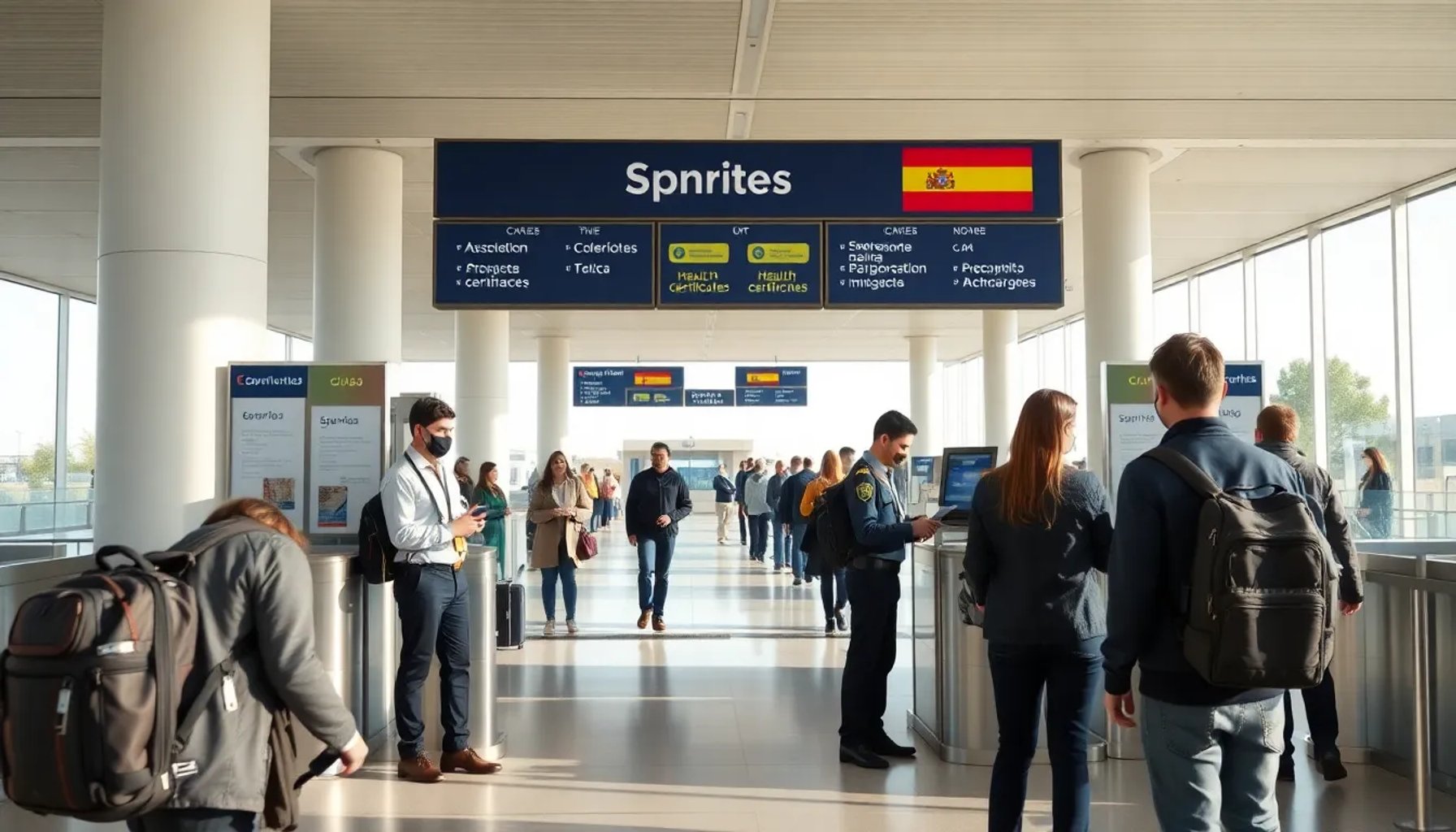 Imagen de un control fronterizo español donde un agente revisa pasaportes y certificados sanitarios