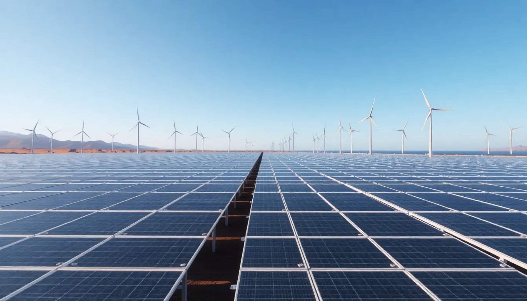 Paneles solares y turbinas eólicas bajo un cielo azul, simbolizando la transición energética de España