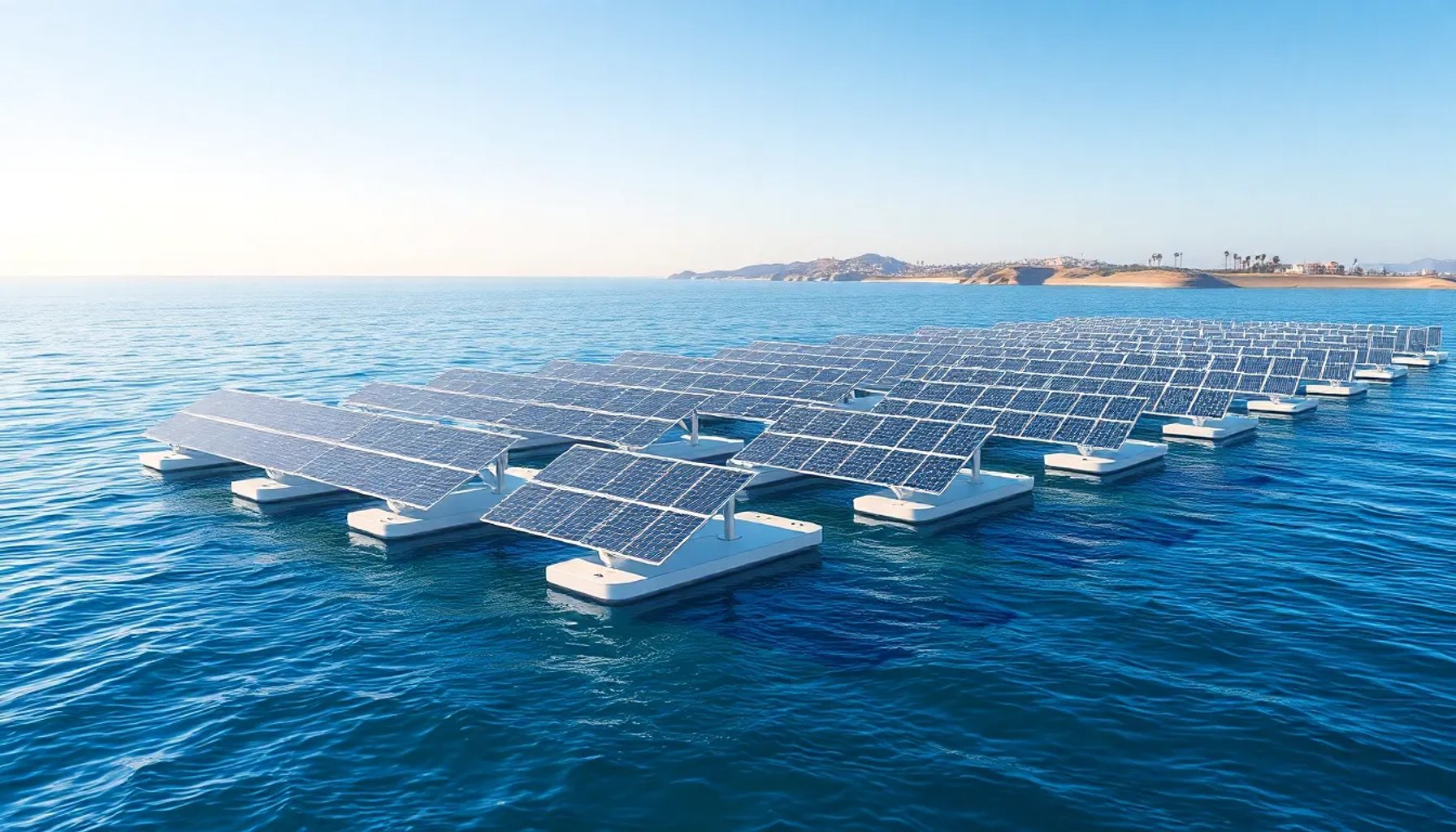 Paneles solares flotantes sobre el mar Mediterráneo frente a la costa de Valencia, bajo un cielo azul claro