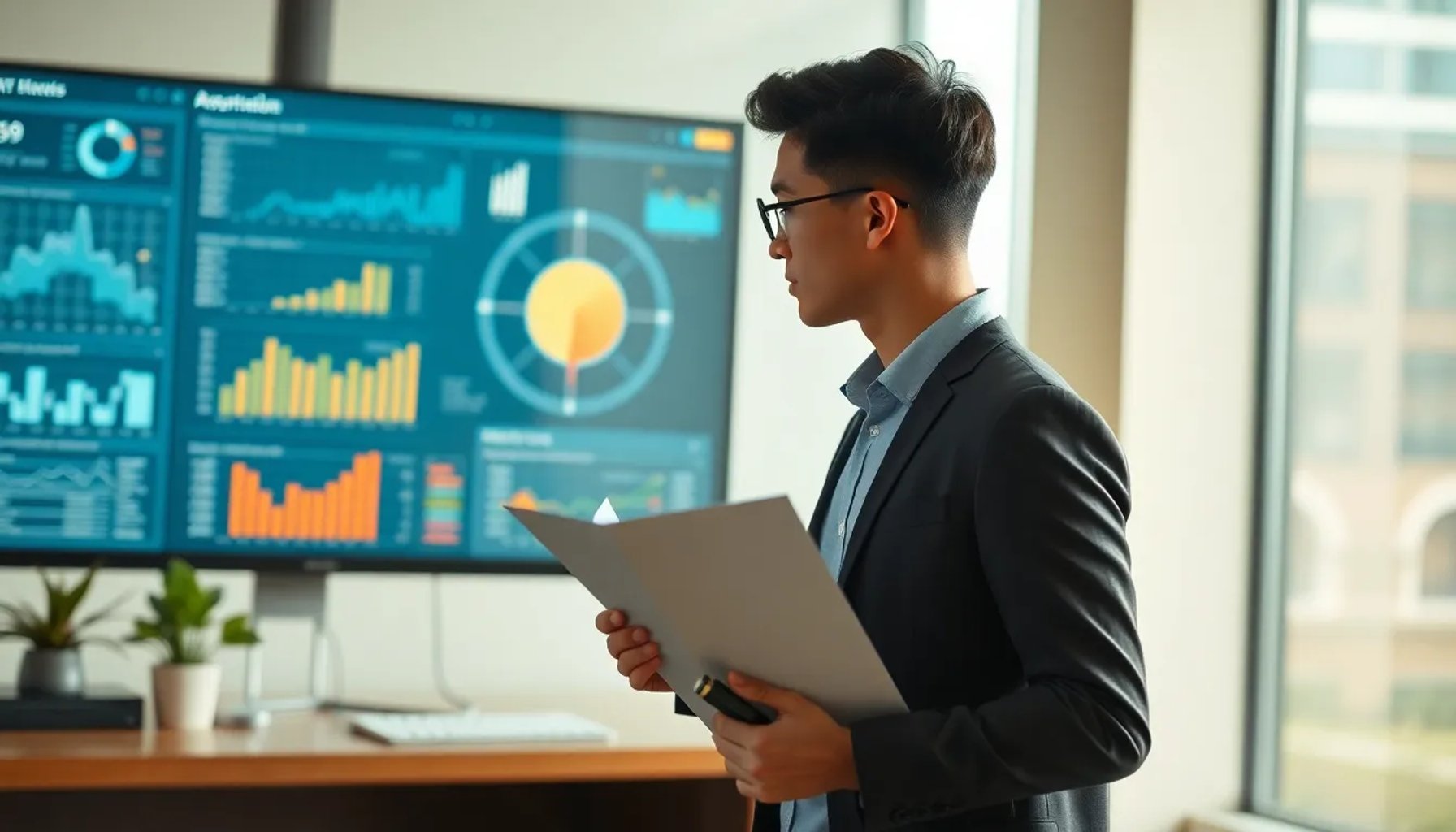 Joven profesional revisando datos de IA en una pantalla mientras sostiene su título universitario