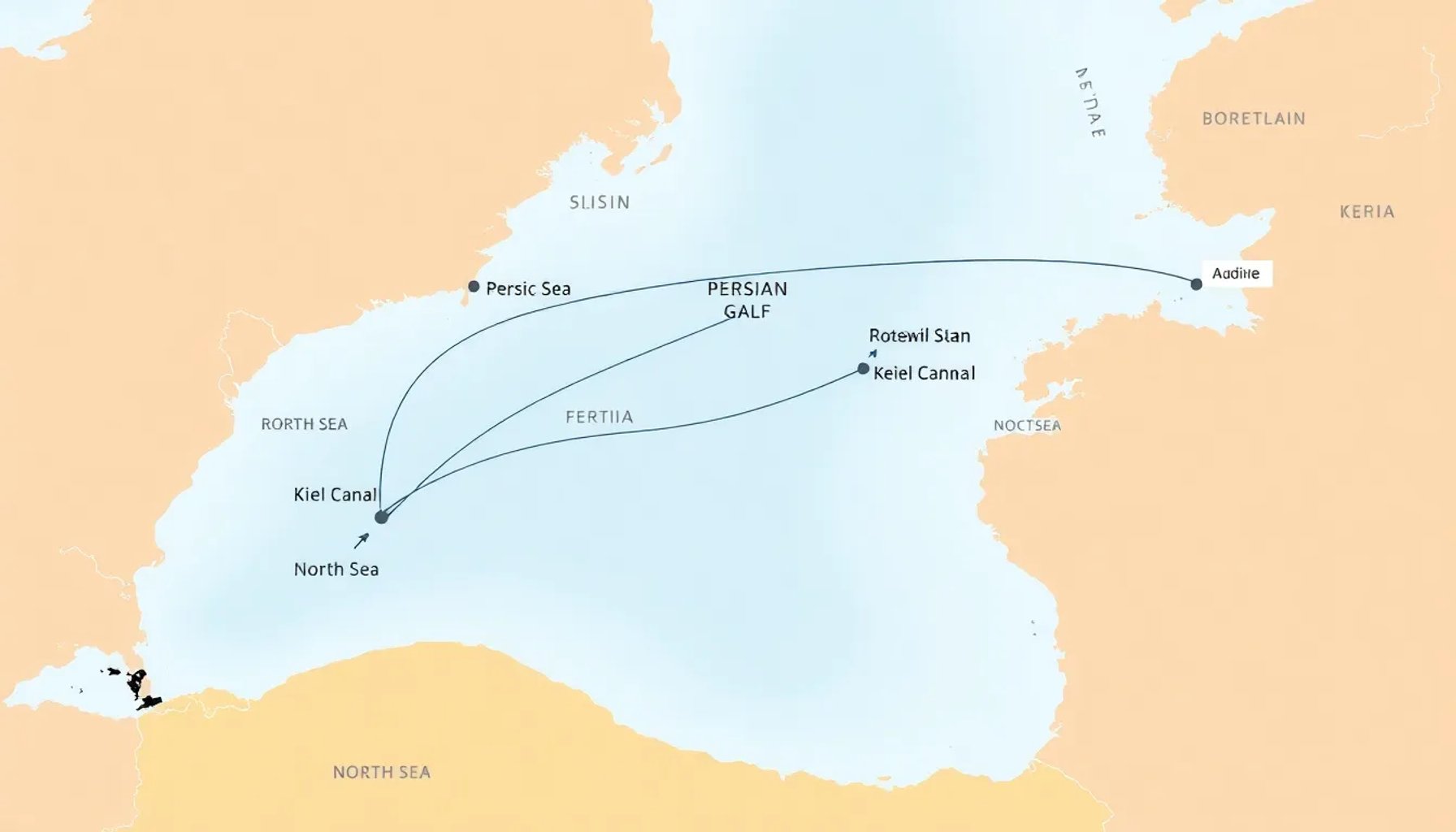 Mapa ilustrativo de la nueva ruta marítima que conecta puertos del Golfo con Rotterdam pasando por el Canal de Kiel