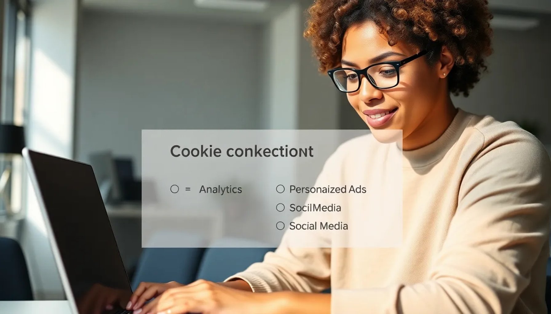 Usuario interactuando con un banner de consentimiento de cookies en un sitio web, mostrando opciones de privacidad