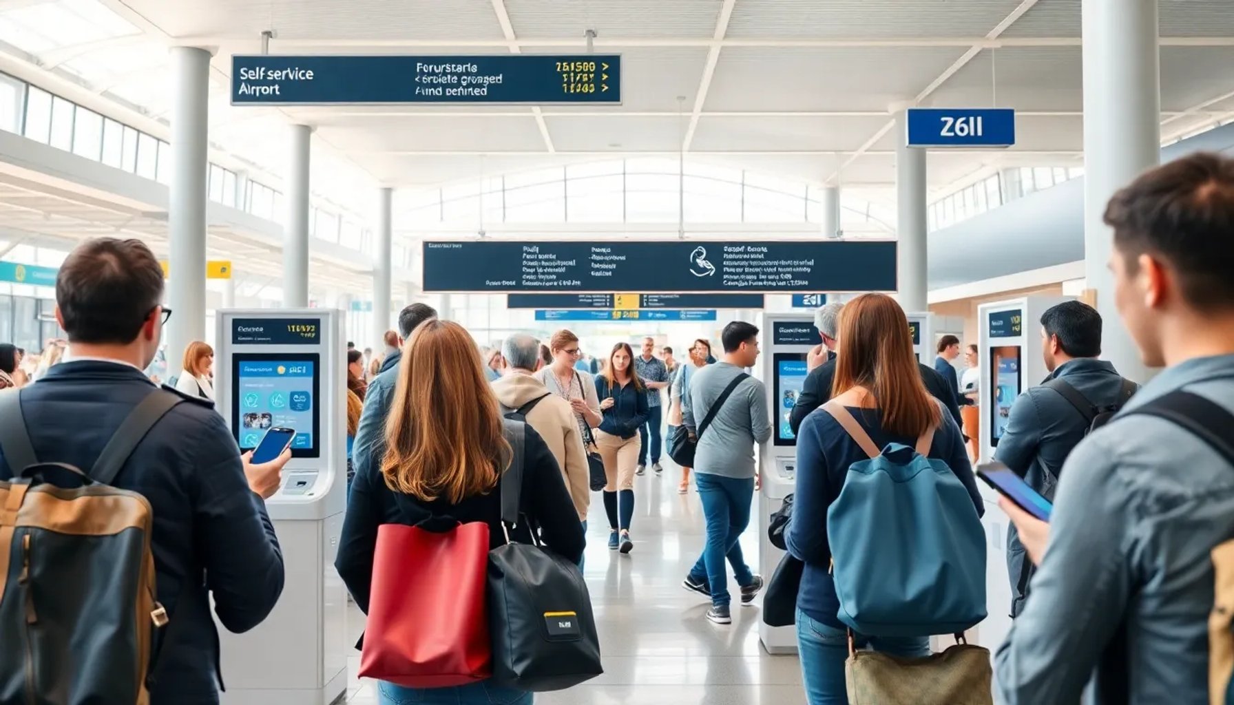 Imagen de un viajero mostrando su pasaporte frente a un puesto de control digital en un aeropuerto europeo
