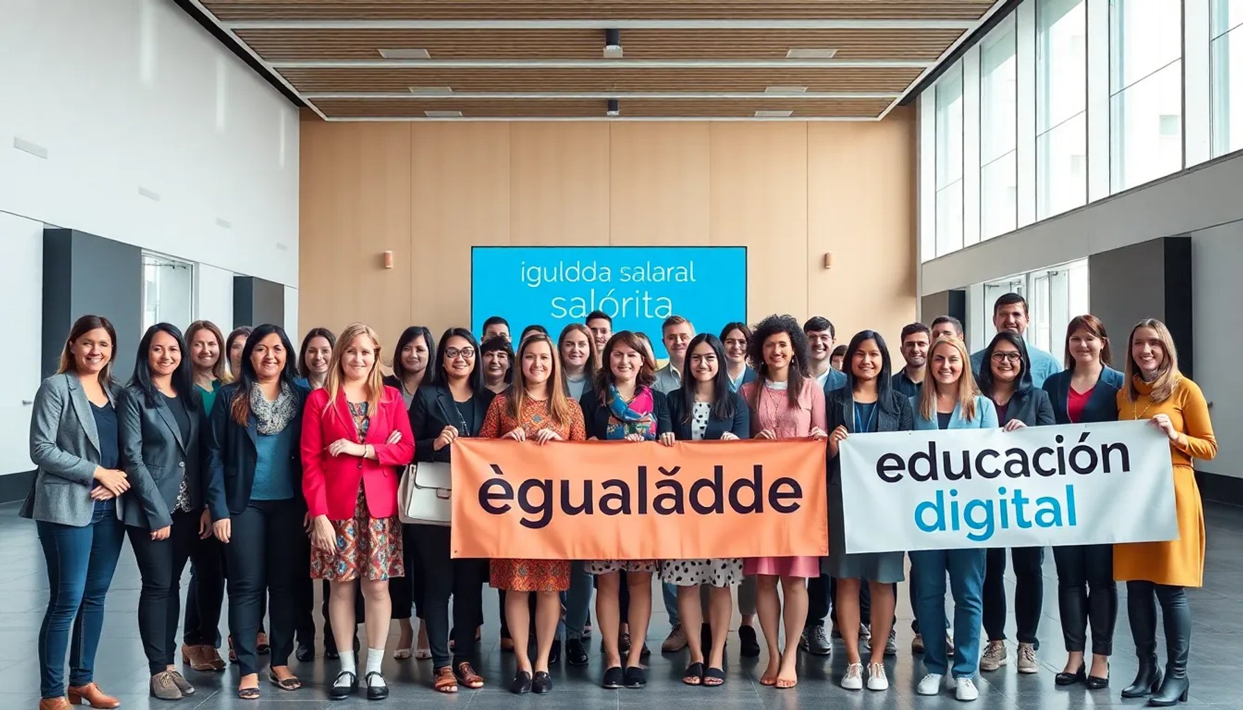 Maestros y maestras de la Federación de CCOO de Madrid reunidos en una asamblea con pancartas de igualdad salarial y tecnología educativa