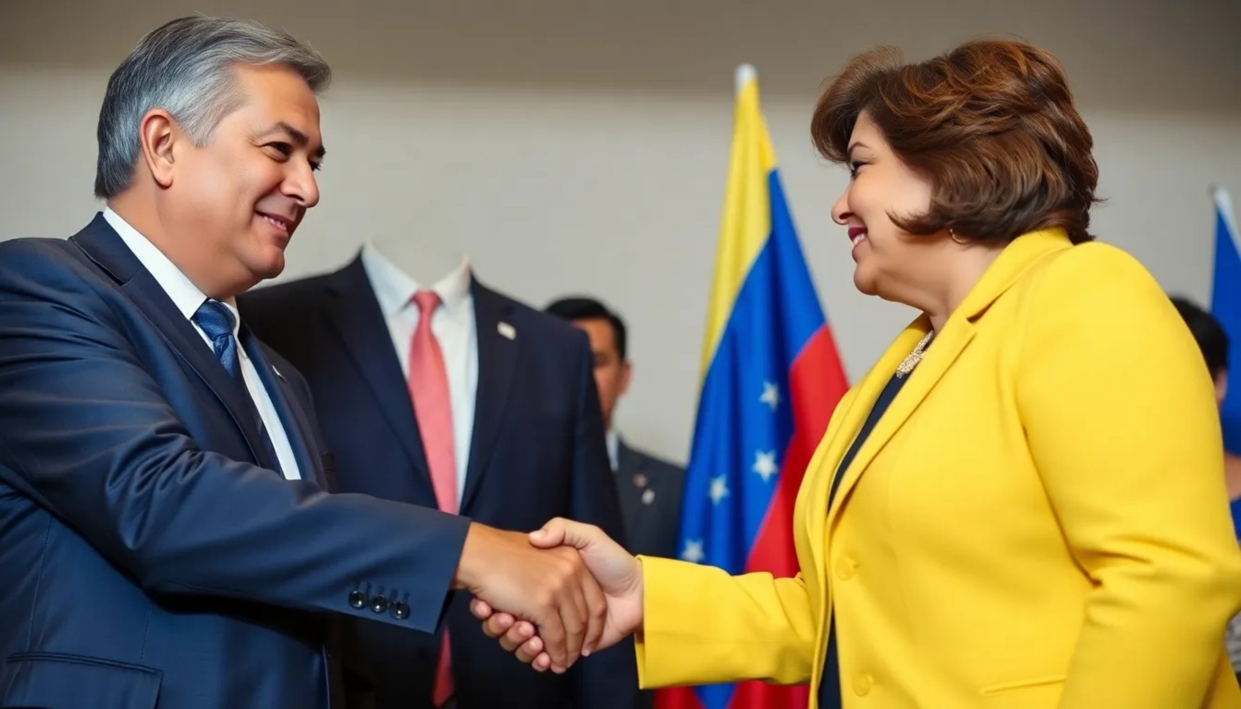 Felipe González y María Corina Machado estrechándose la mano en un acto público