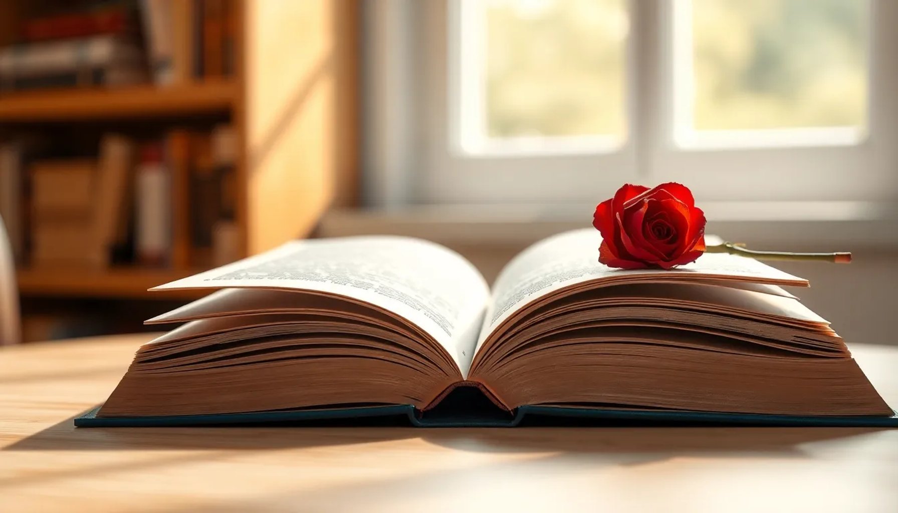 Una mano sosteniendo un libro abierto y una rosa roja sobre un fondo de madera clara, simbolizando la Diada de Sant Jordi