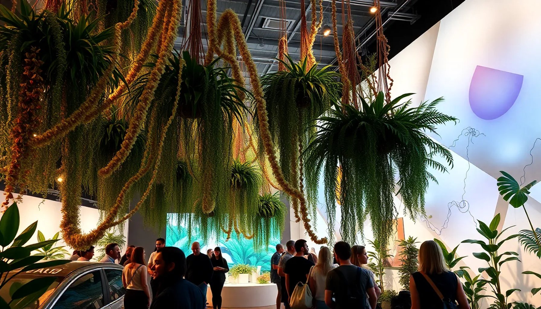 Instalación artística del Festival Biophest con plantas colgantes y luces difusas en el Matadero Madrid