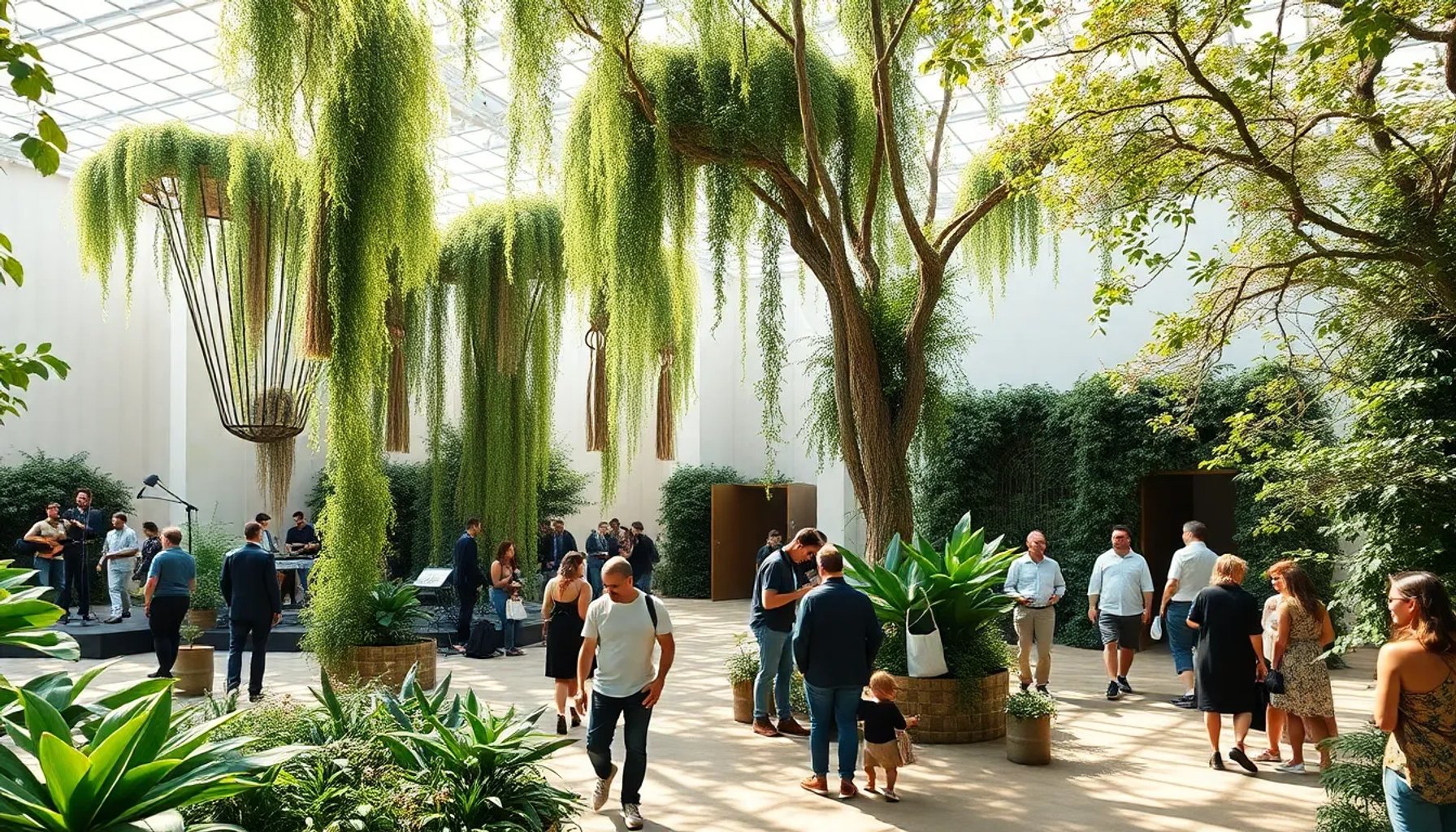 Escena del Festival Biophest 2026 en Matadero Madrid, con instalaciones artísticas rodeadas de vegetación y público interactuando