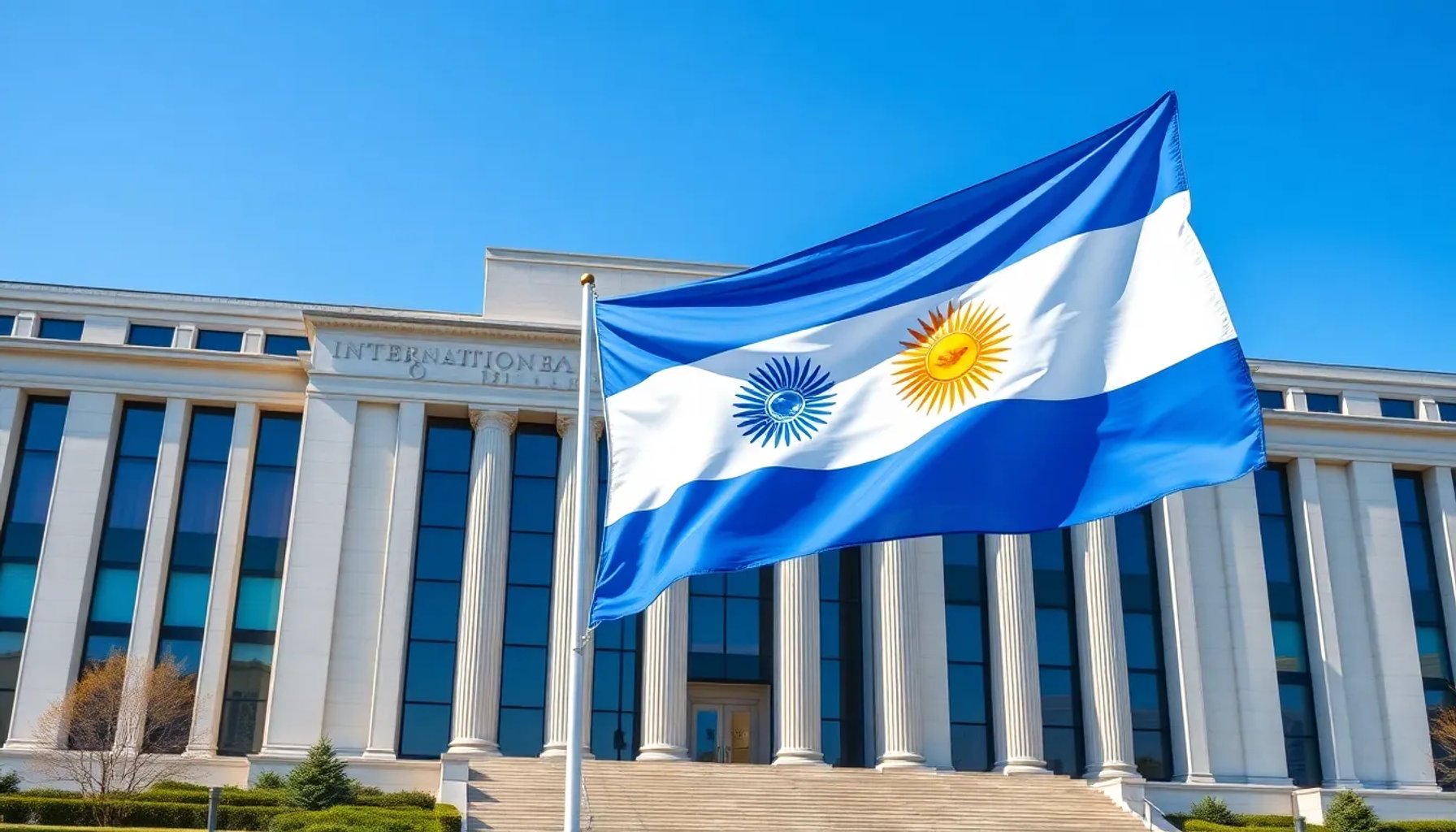 Imagen del edificio del FMI en Washington con la bandera de Argentina ondeando al fondo