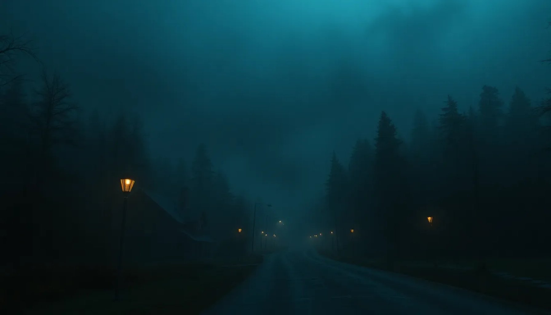 Escena oscura del bosque rodeando la misteriosa ciudad de From, con luces tenues y una carretera abandonada.