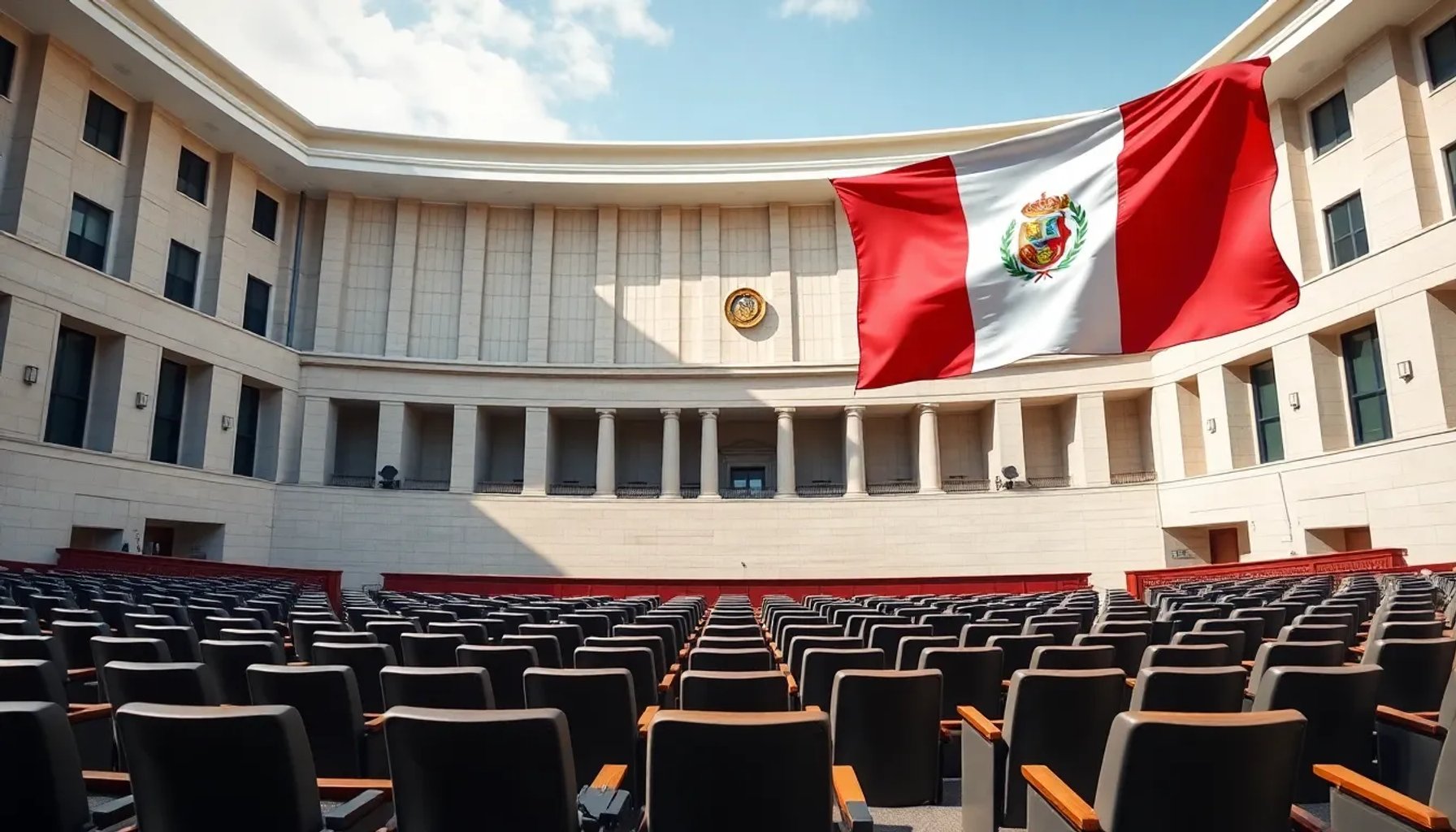 Imagen del Congreso peruano con banderas y escaños vacíos, simbolizando la nueva mayoría de Fuerza Popular