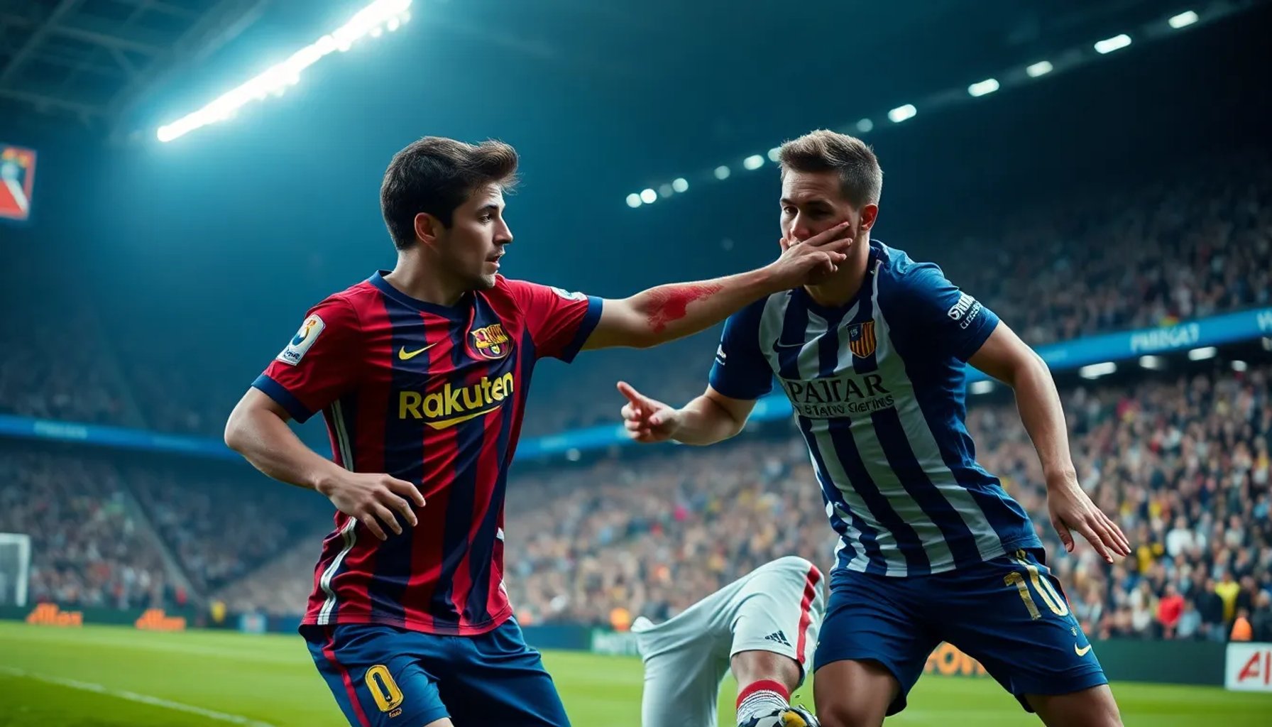 Gavi y Ruggeri en el instante del codazo durante el partido Atlético de Madrid vs Barcelona, con sangre visible en el rostro del defensor