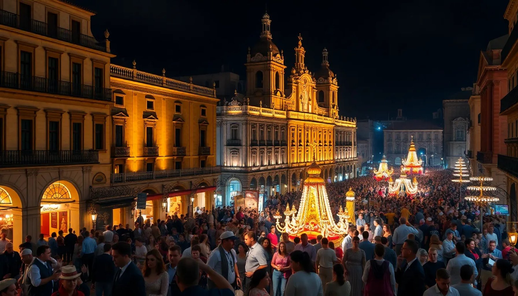 Vista panorámica del casco histórico de Sevilla iluminado por las luces de la procesión del Domingo de Resurrección