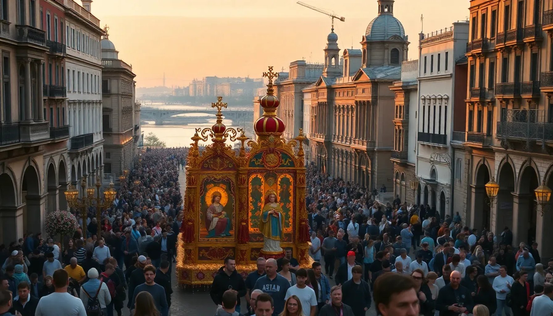 Vista panorámica del río Guadalquivir con la procesión de la Virgen de la Esperanza pasando bajo el puente de Triana