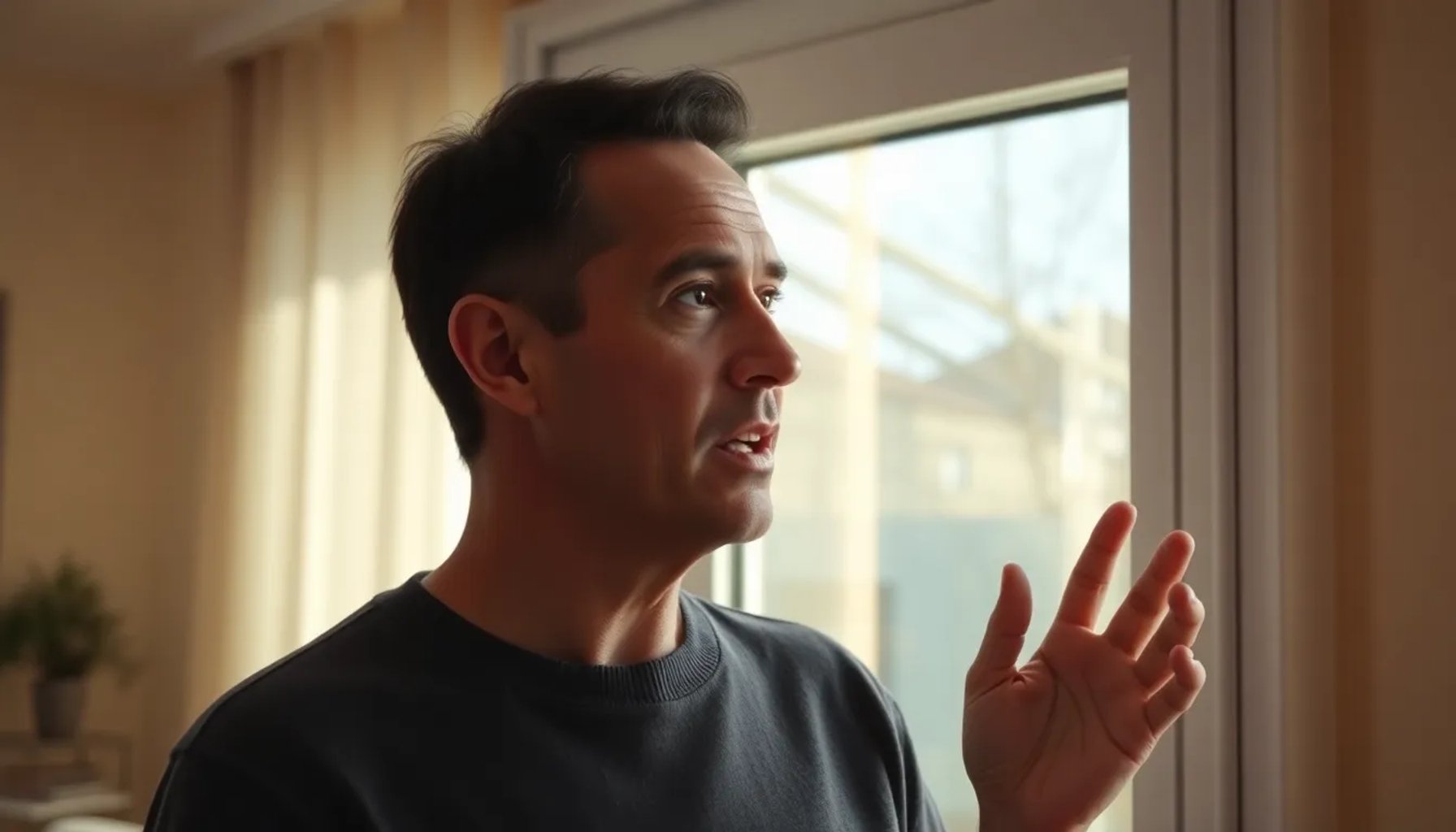 Persona adulta hablando en voz alta frente a una ventana mientras reflexiona