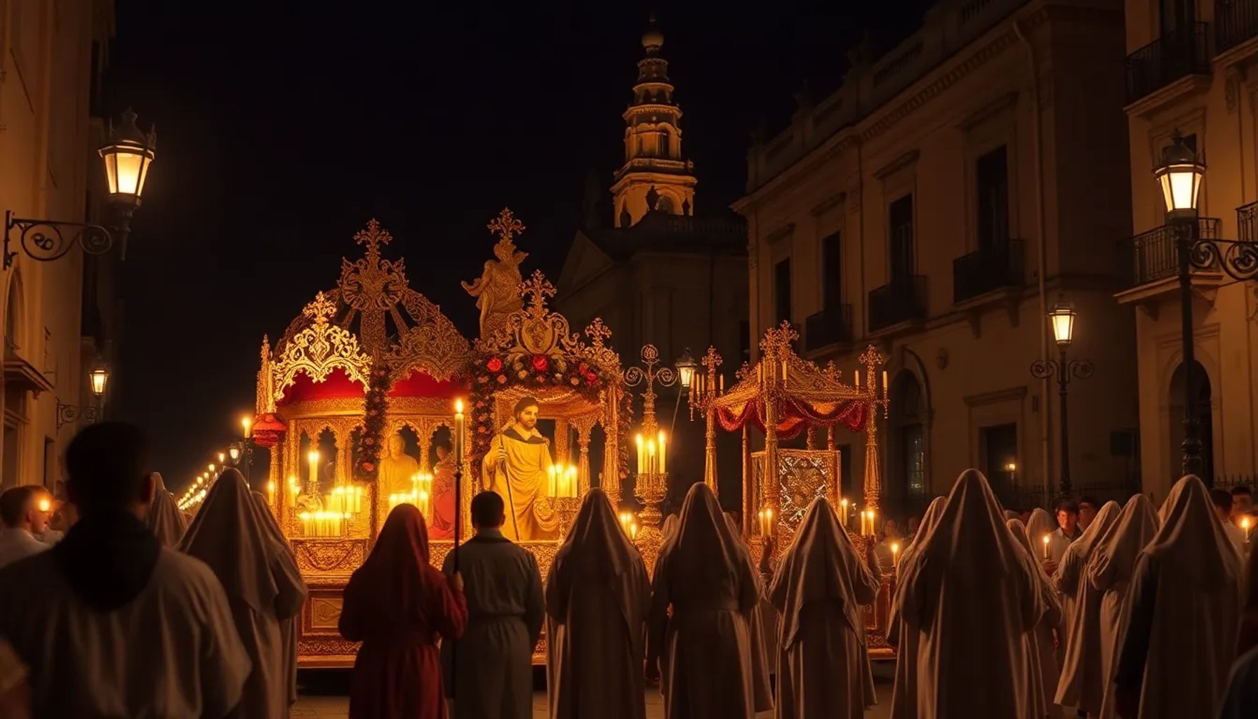 Procesión nocturna del Sábado Santo en Sevilla con pasos iluminados y fieles bajo la luz de faroles