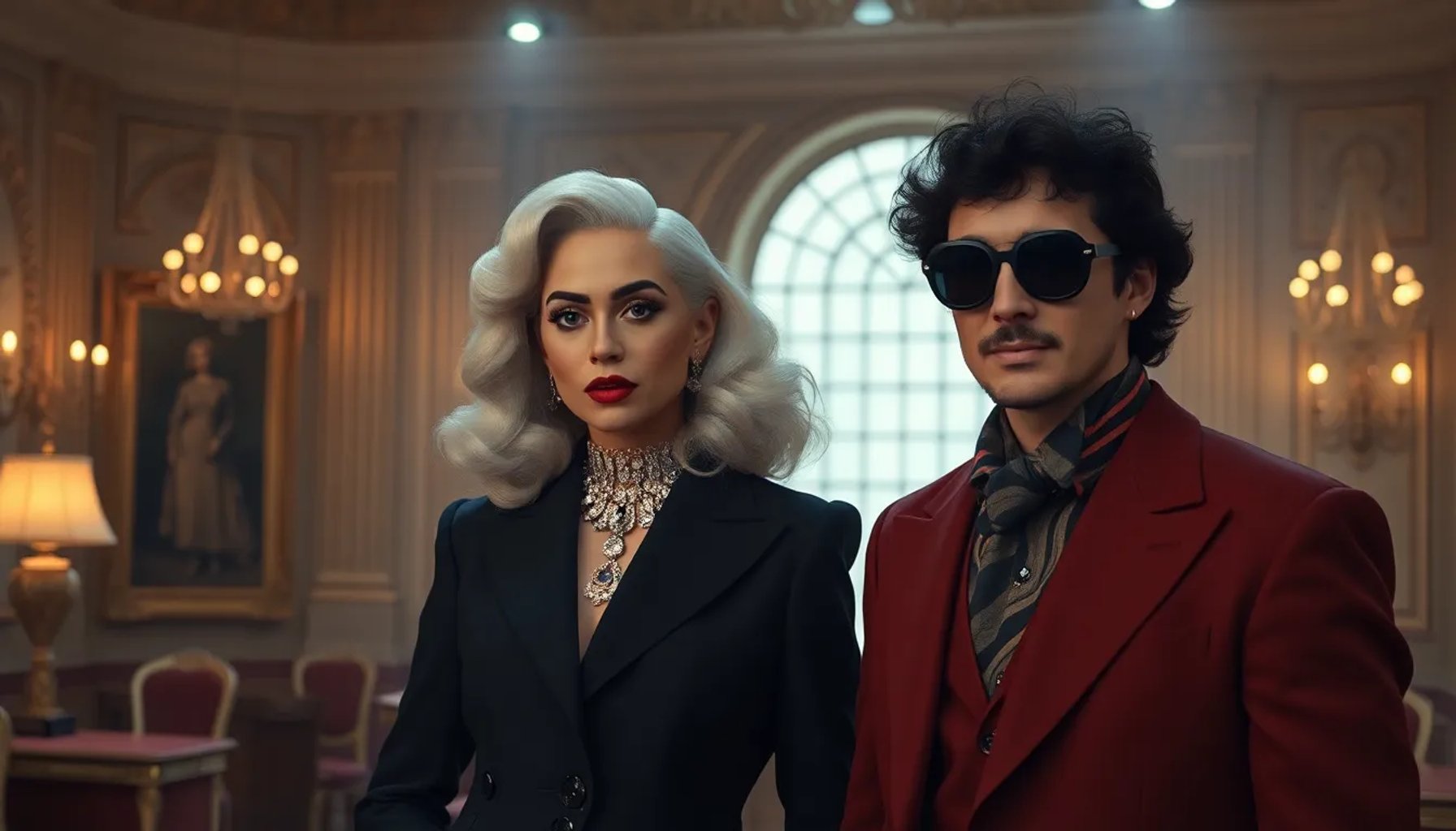 Lady Gaga y Adam Driver posando en un set inspirado en la moda de los años 70 para House of Gucci