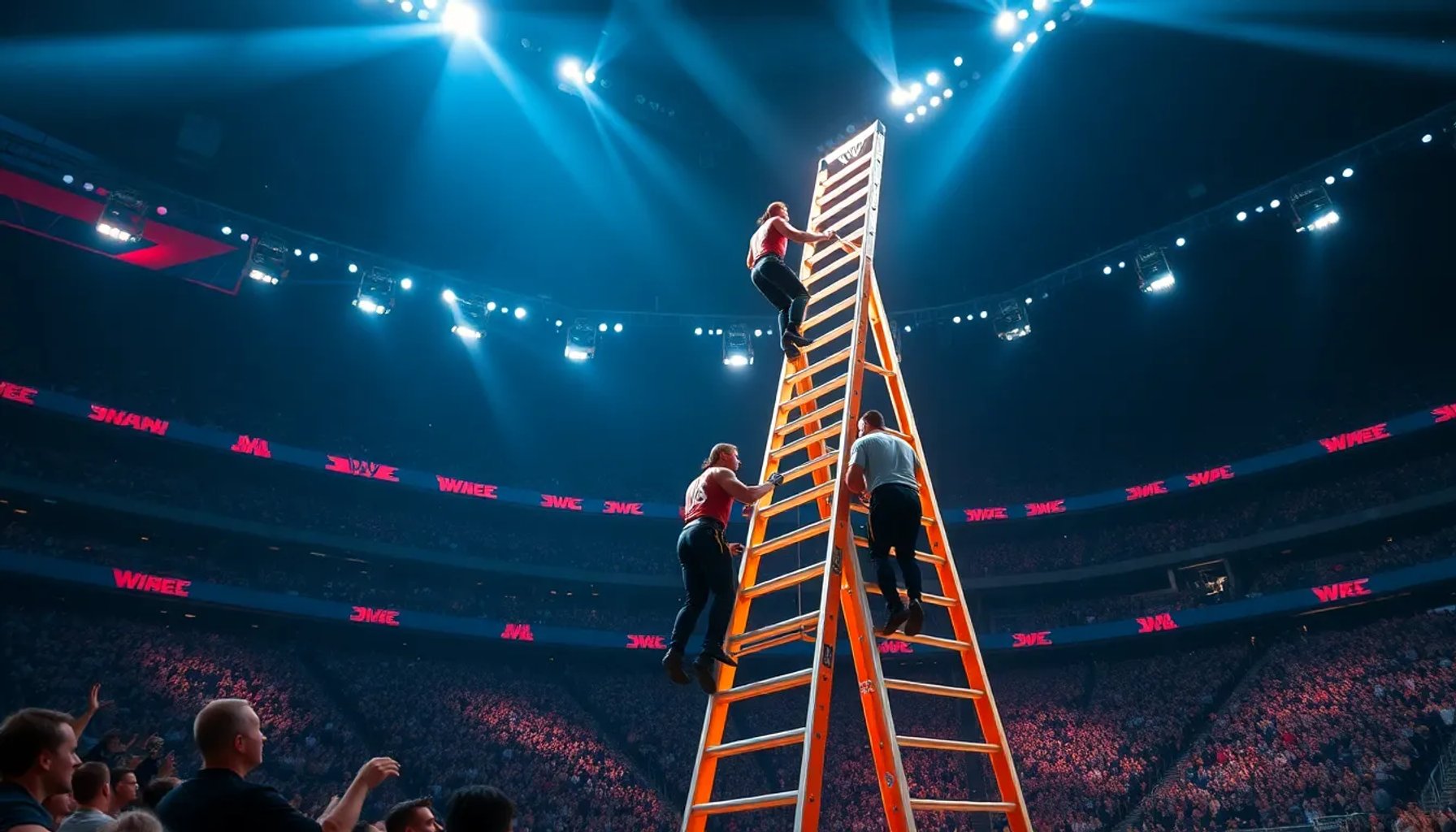 Superestrellas de WWE compitiendo en una escalera gigante bajo luces brillantes en WrestleMania 42