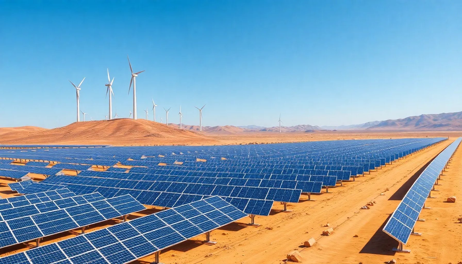 Vistas panorámicas de un parque solar y turbinas eólicas bajo un cielo azul en América Latina