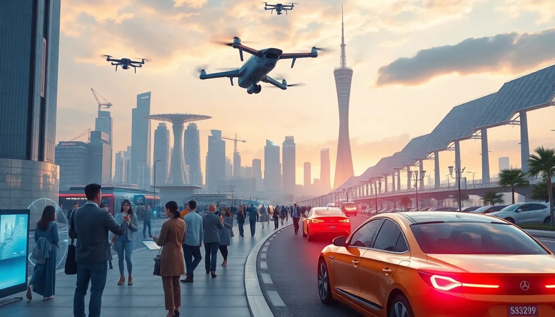 Collage de dispositivos futuristas, hologramas y personas interactuando con tecnología avanzada