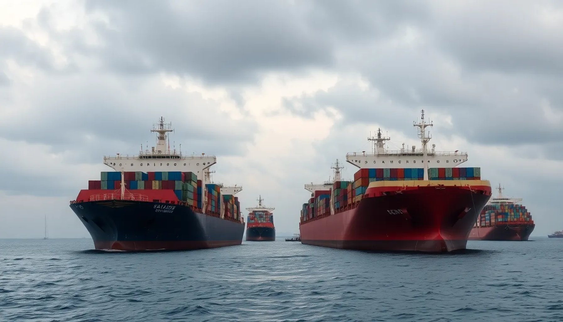 Buques de carga esperando frente al estrecho de Ormuz bajo un cielo nublado, simbolizando el bloqueo iraní