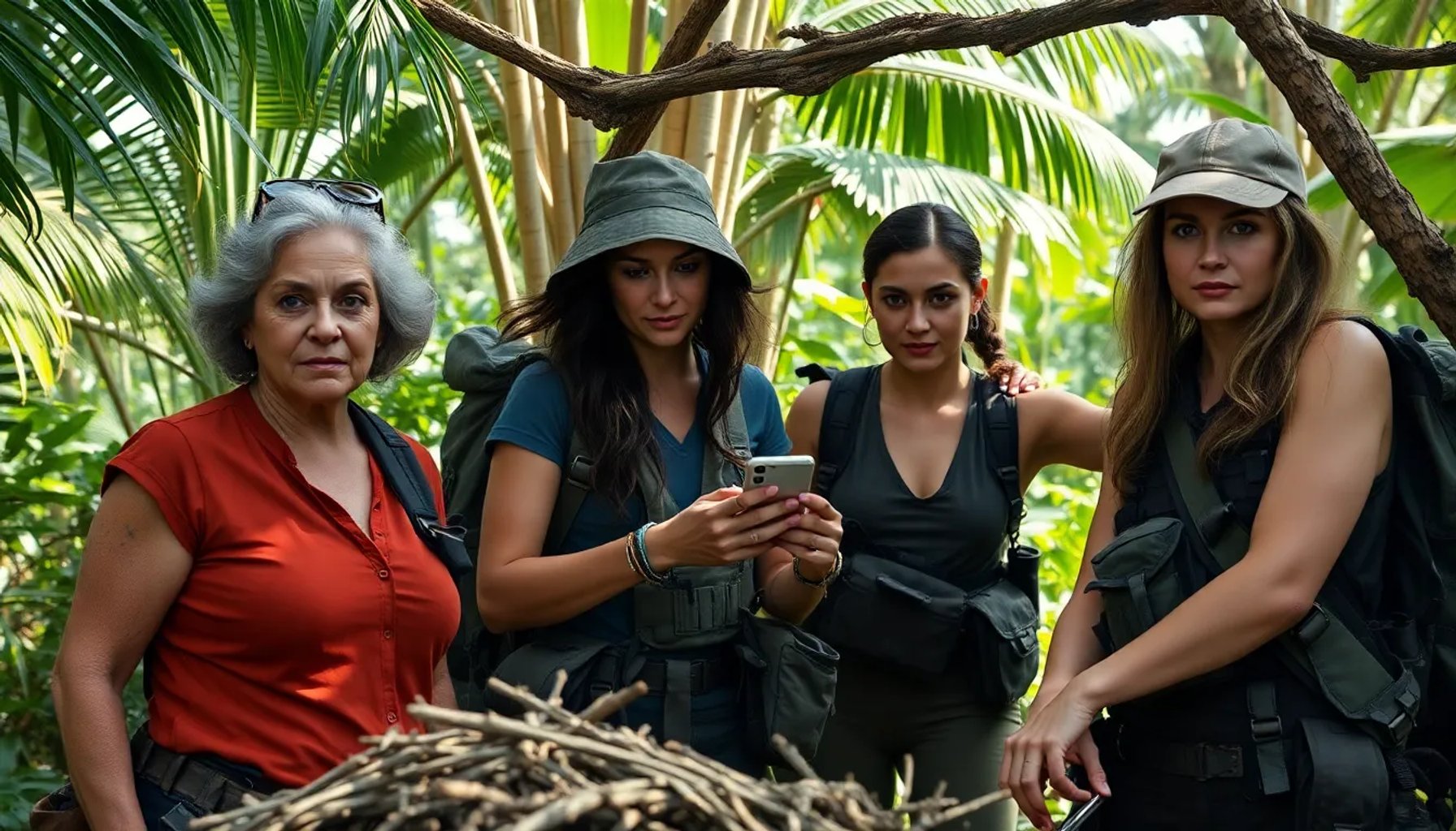 Ivonne Reyes, Claudia Chacón y Paola Olmedo colaborando en una prueba de supervivencia en la selva