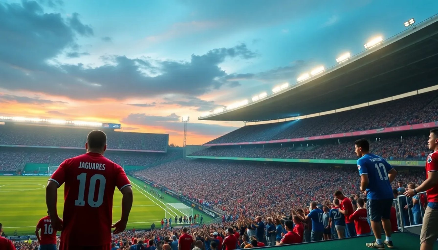 Jaguares y Millonarios disputando el partido de la Liga BetPlay en el estadio, con aficionados vibrando