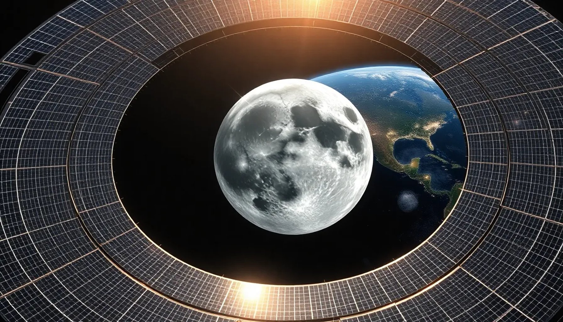 Anillo de paneles solares gigantes alrededor de la Luna iluminando la Tierra desde el espacio