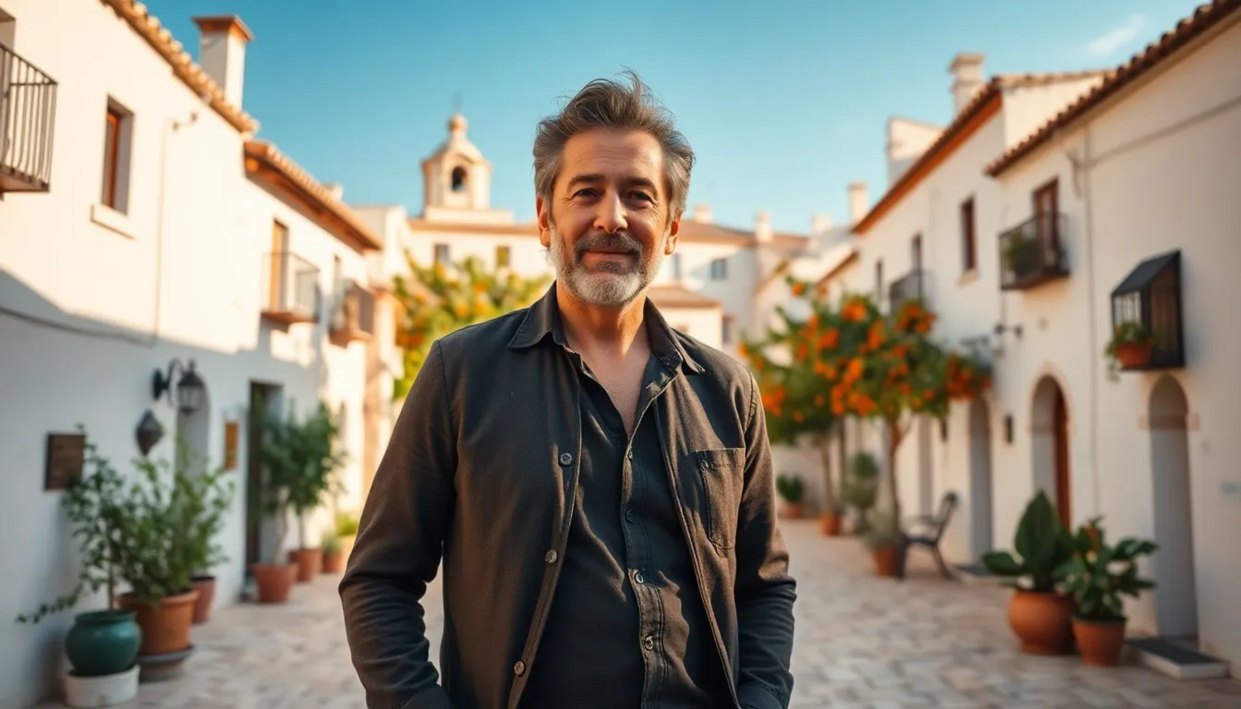 Joaquín Sabina frente al paisaje típico de su pueblo andaluz, bajo el cielo azul