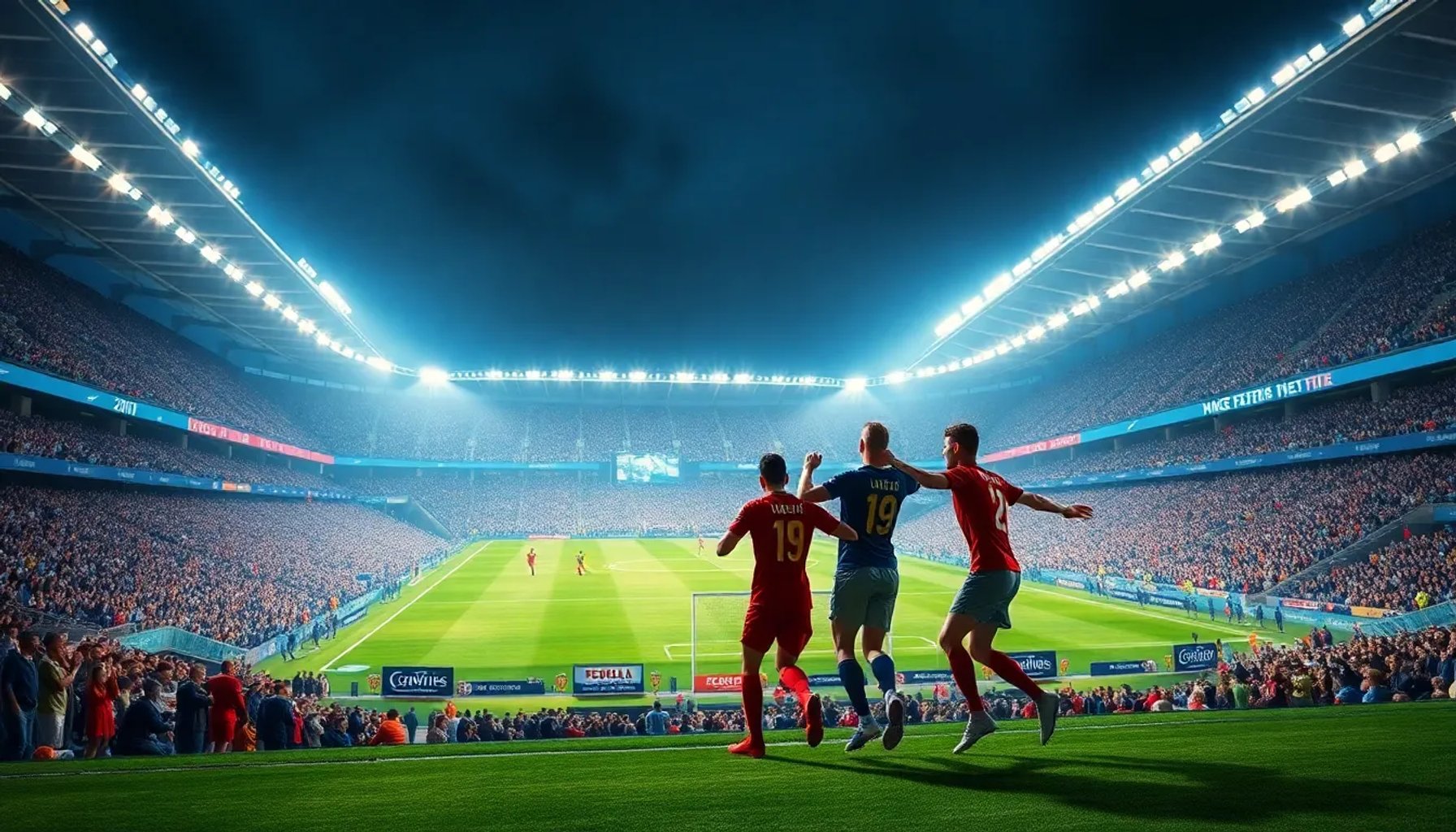 Jugadores de fútbol celebrando goles bajo luces del estadio en una noche de La Liga