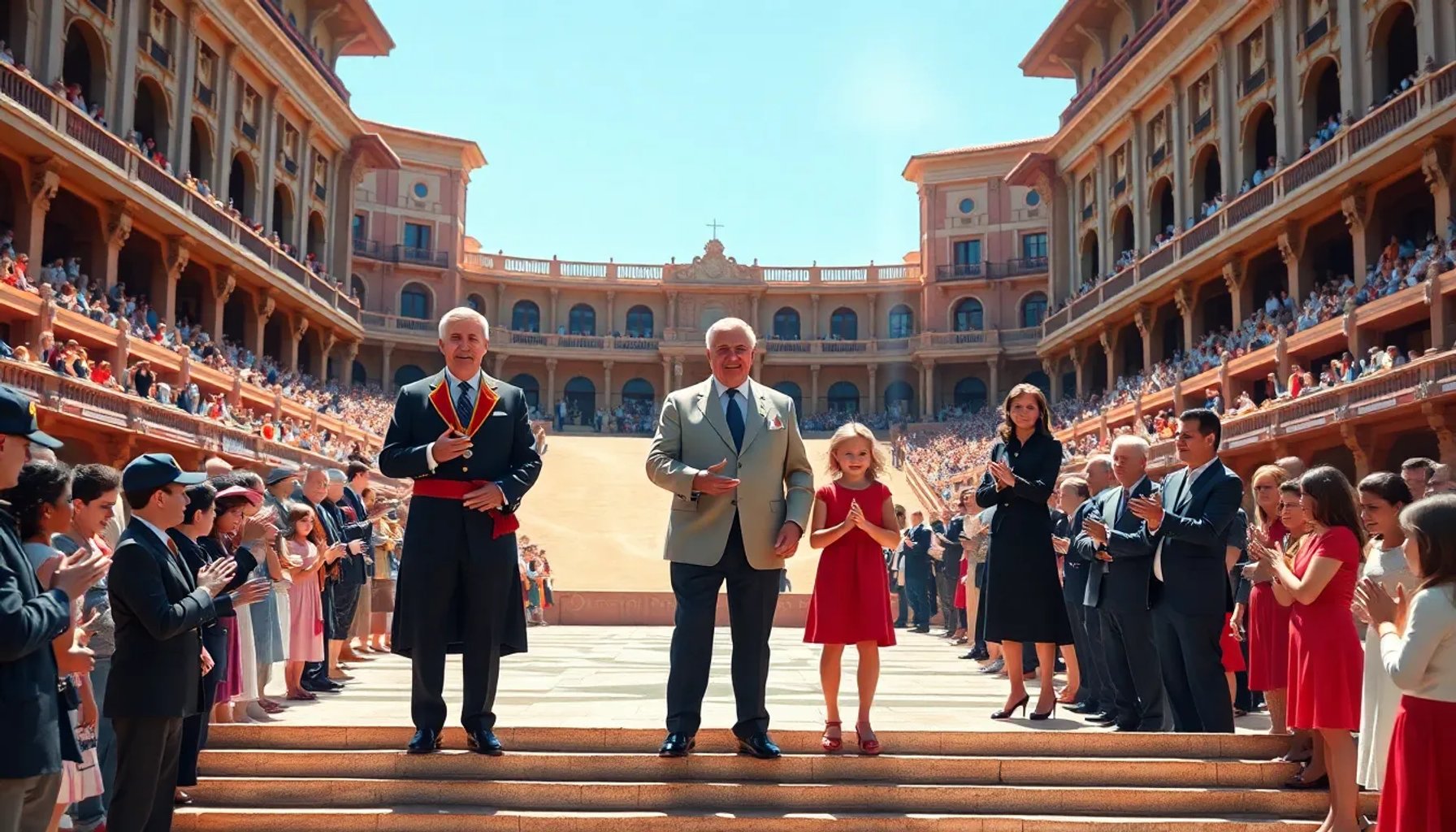 Juan Carlos I despidiéndose en la Real Maestranza de Sevilla rodeado de su familia y público aplaudiendo