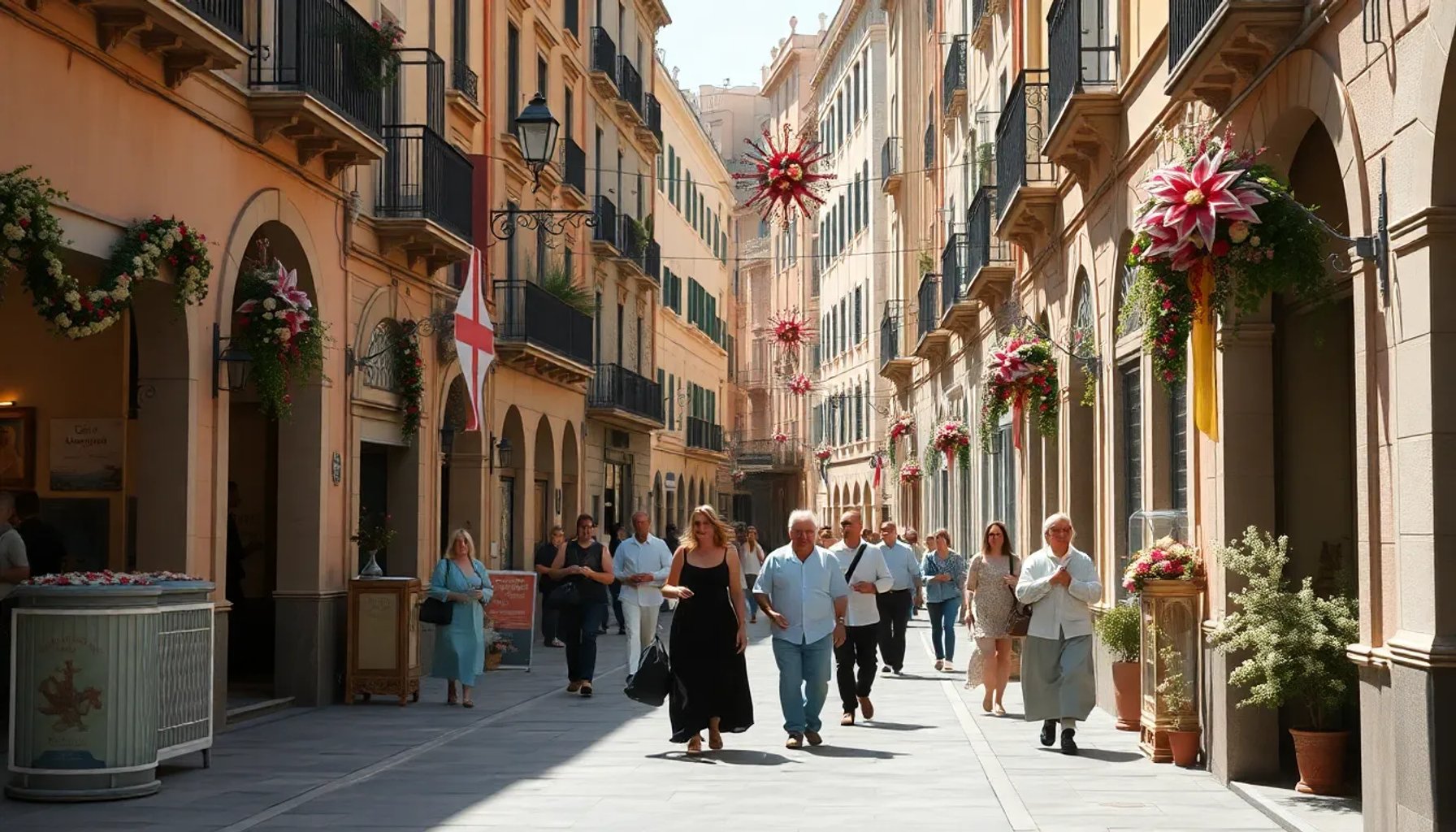 Imagen de una calle de un municipio valenciano decorada para el Jueves Santo, con gente disfrutando del puente de cinco días