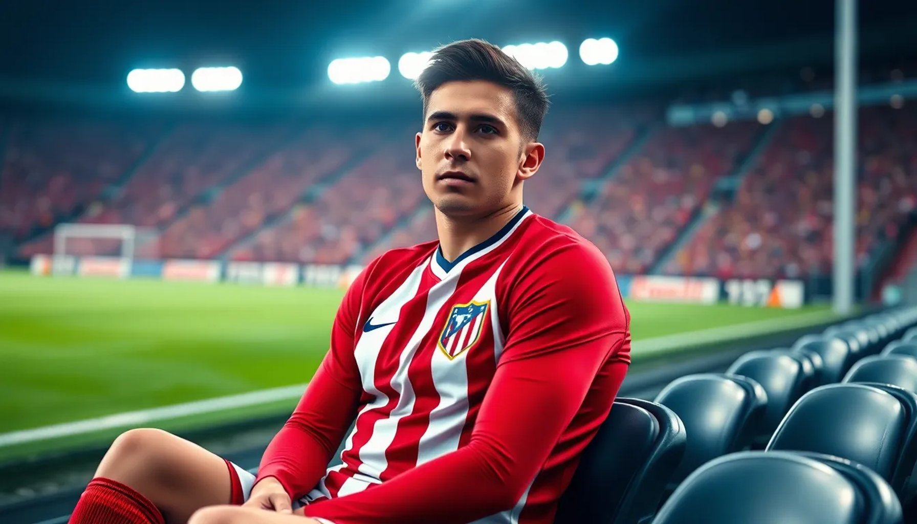 Julián Álvarez sentado en el banquillo del Atlético de Madrid, mirando el campo antes del partido contra Barcelona