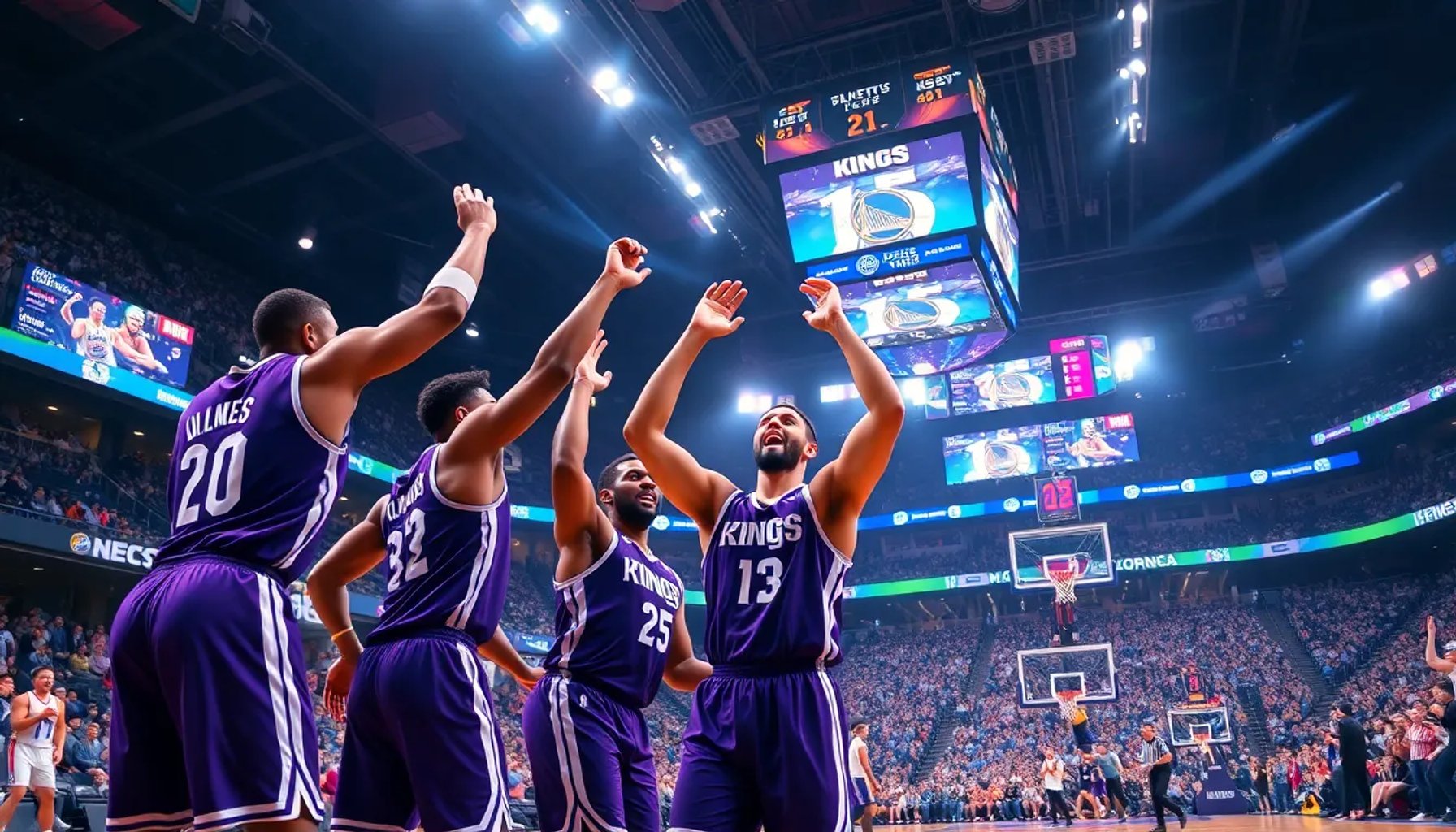Jugadores de los Sacramento Kings celebran su victoria 124-118 sobre los Golden State Warriors en el Chase Center, 10 de abril de 2026