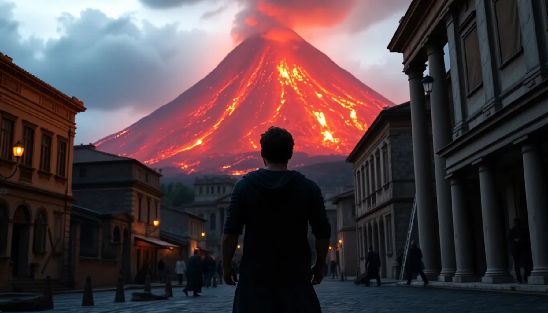 Kit Harington mirando el volcán Vesubio en la película Pompeya, con humo y lava al fondo
