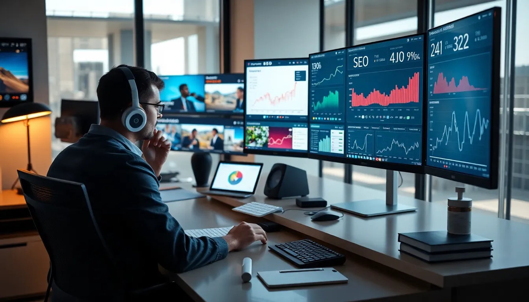 Imagen de un editor de noticias frente a una pantalla con titulares resaltados y métricas de SEO