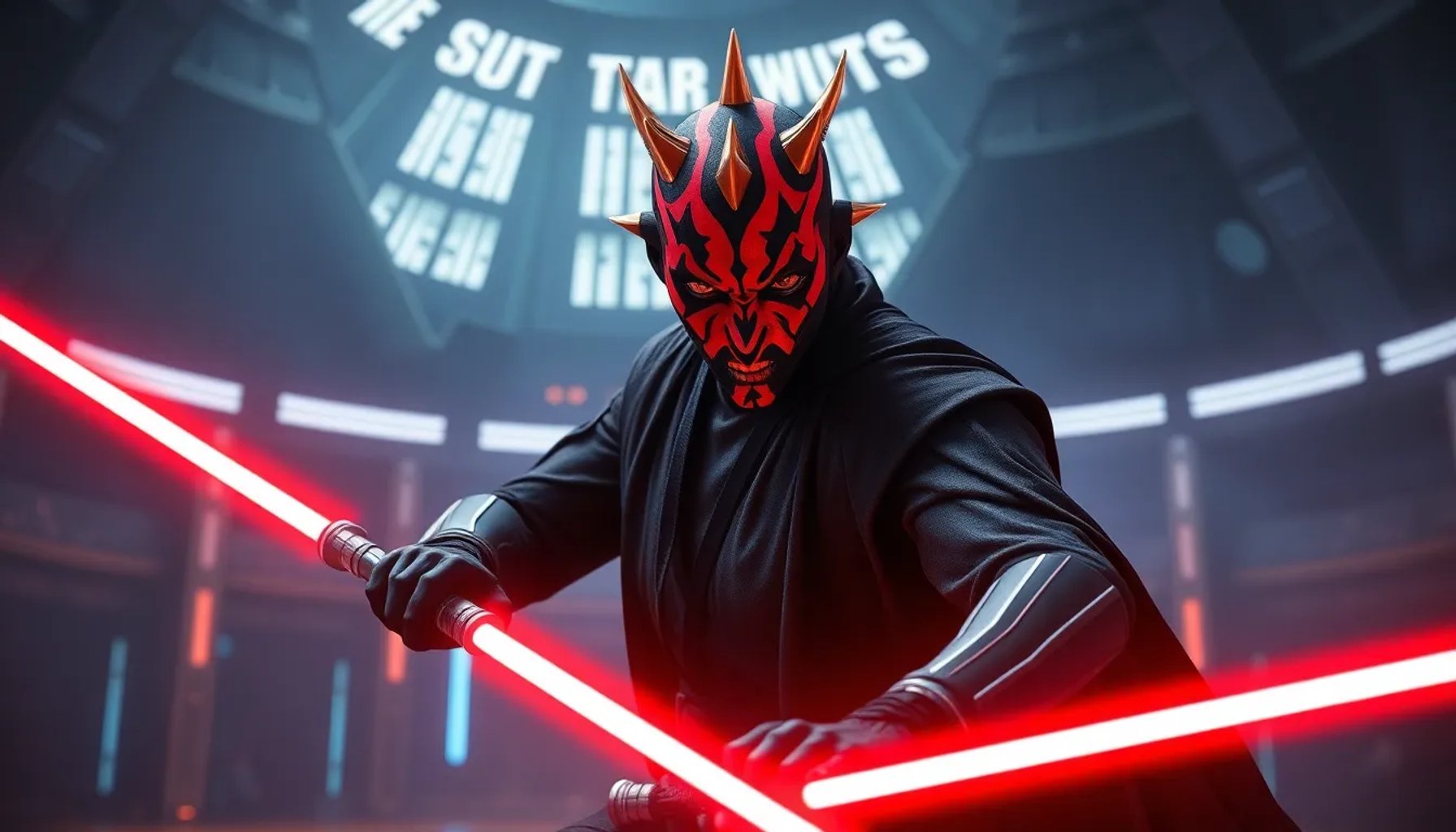 Darth Maul desenvainando su sable doble rojo en la pista de Naboo, iluminado por luces futuristas