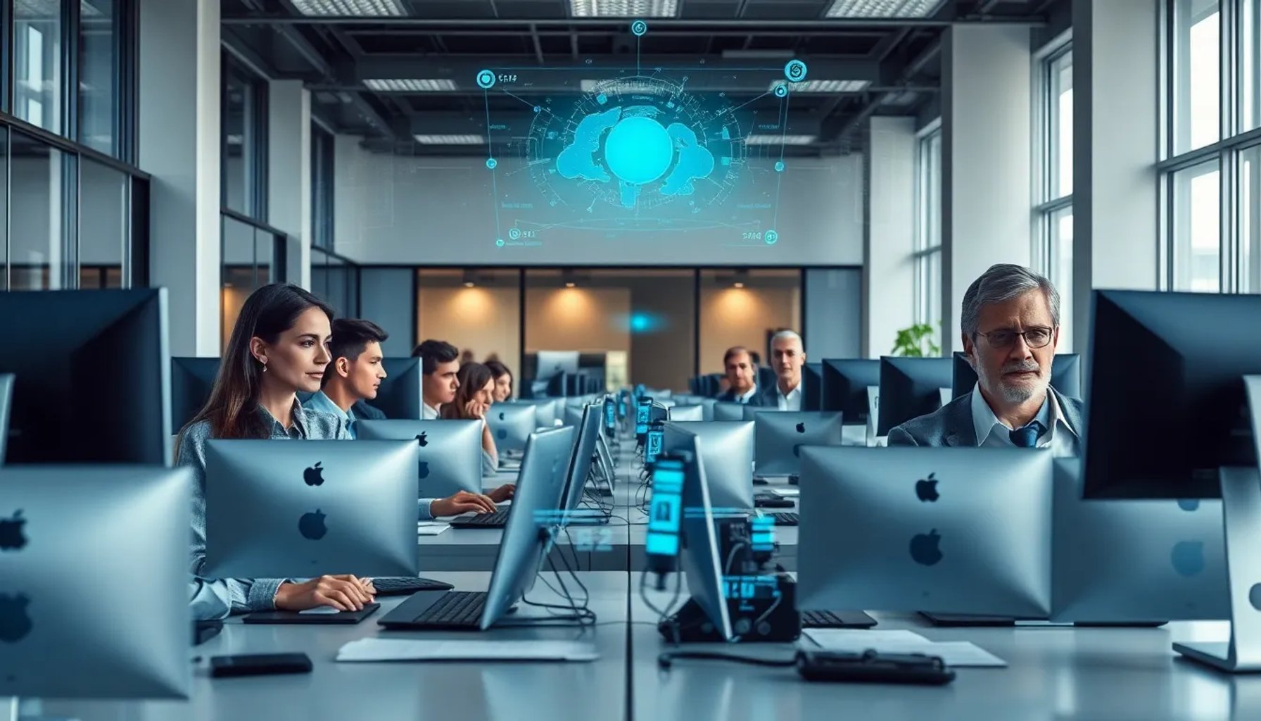 Oficina moderna con profesionales trabajando junto a interfaces de inteligencia artificial