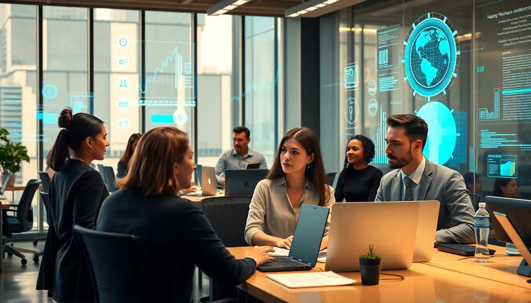 Profesionales trabajando junto a interfaces de inteligencia artificial en una oficina moderna