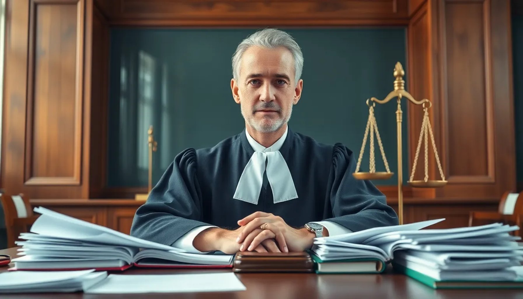 Imagen del juez Juan Carlos Peinado en su despacho, con documentos y una balanza judicial al fondo, simbolizando la controversia de su investigación