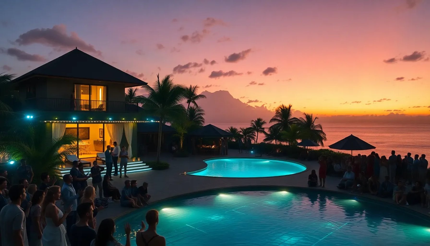 Escena del estreno de La Isla de las Tentaciones en Telecinco, con concursantes y público emocionado bajo luces tropicales