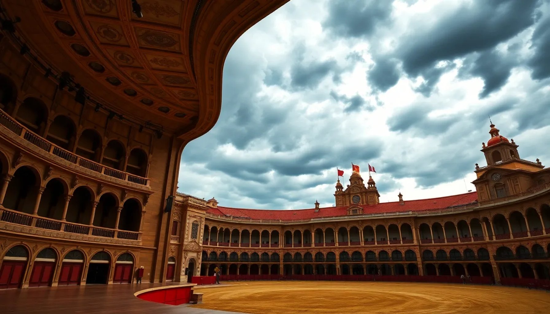 Imagen del interior de la Maestranza con luces y una plaza de toros vacía bajo un cielo gris