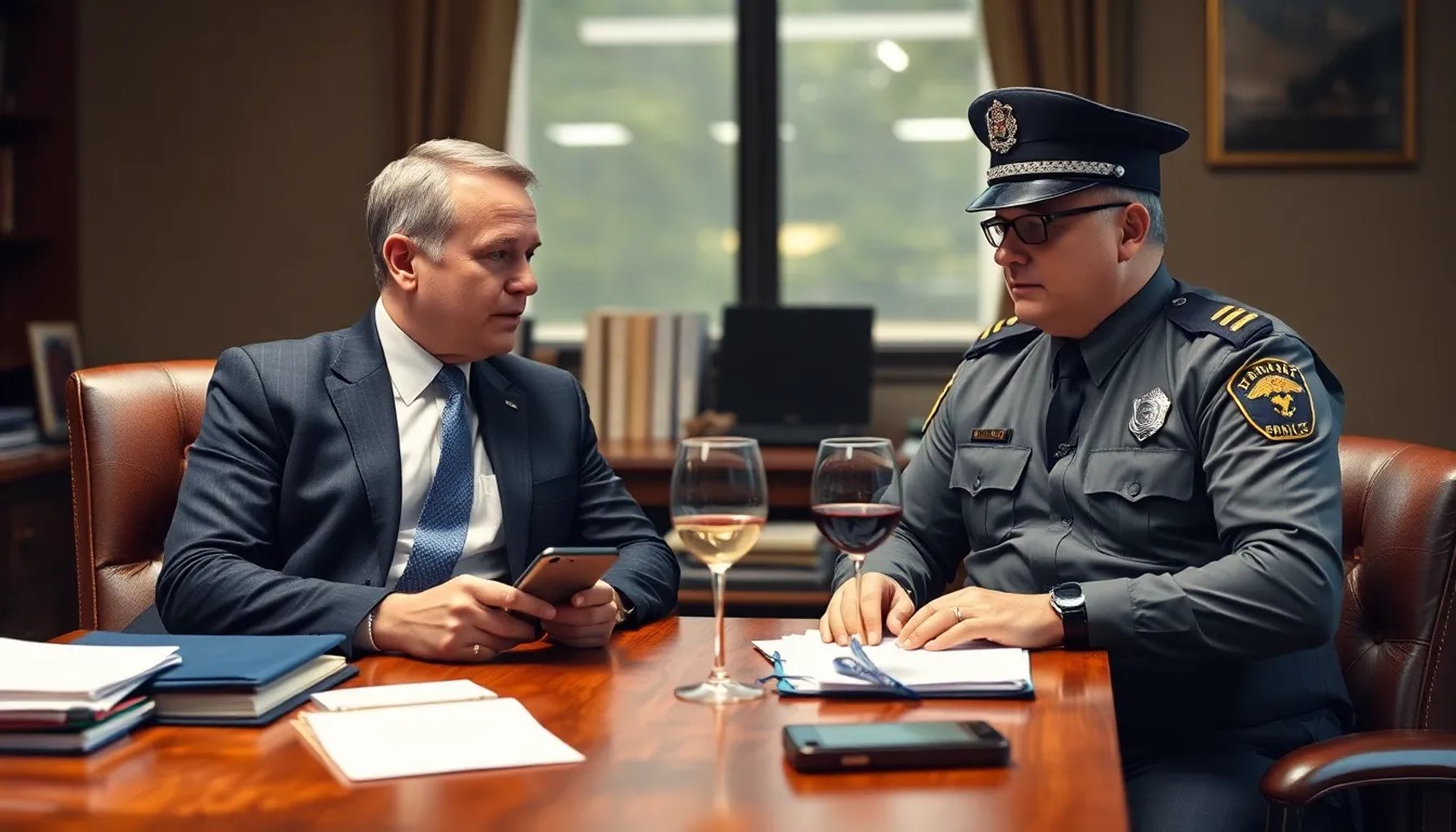 Imagen de Javierito y Villarejo conversando en una oficina, con documentos y teléfonos sobre la mesa