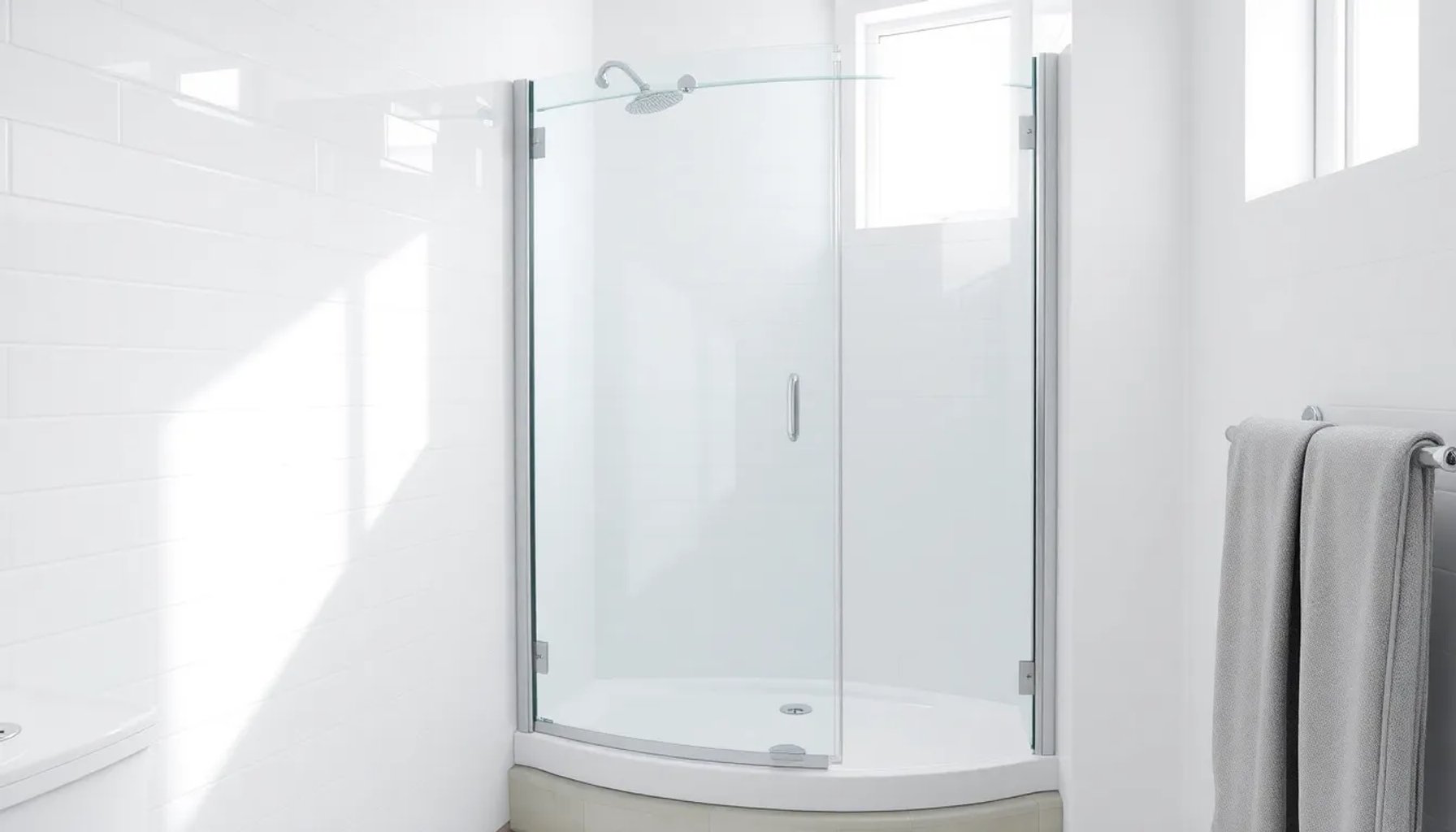 Mampara pivotante de cristal transparente instalada en ducha de baño pequeño moderno