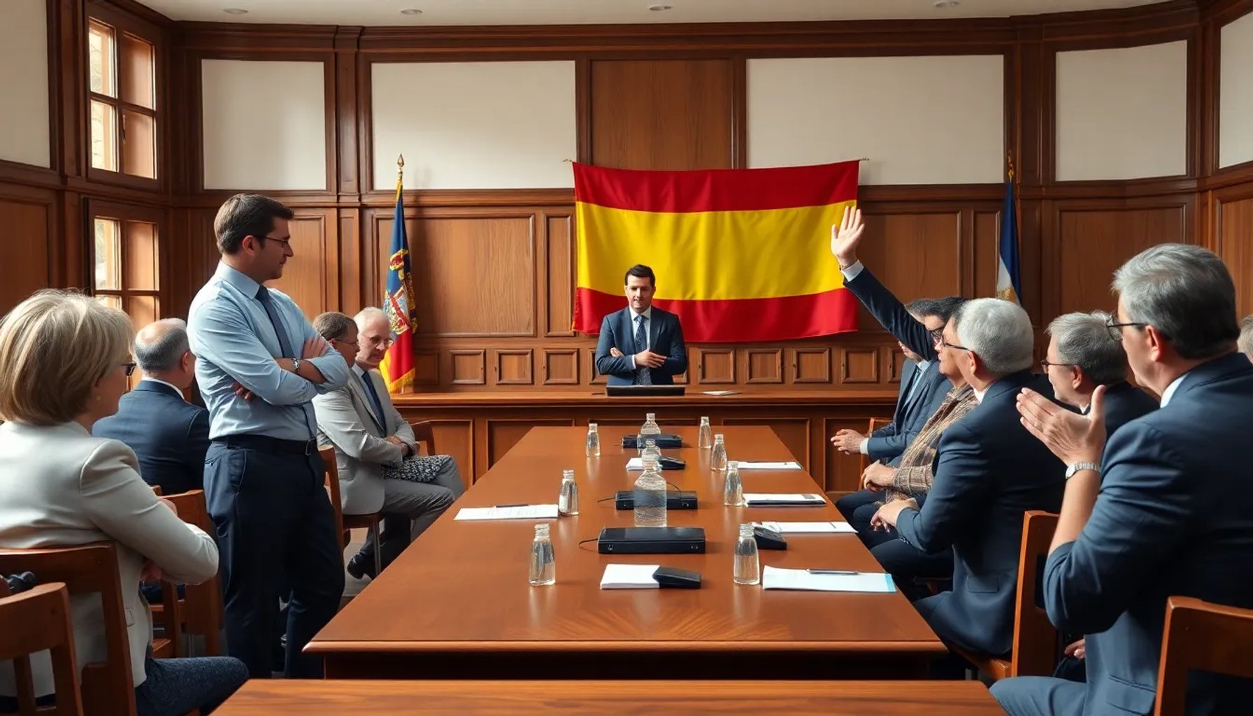 Pleno municipal de Torrelaguna en sesión tensa, con concejales en sus escaños y el alcalde del PP mirando hacia la oposición